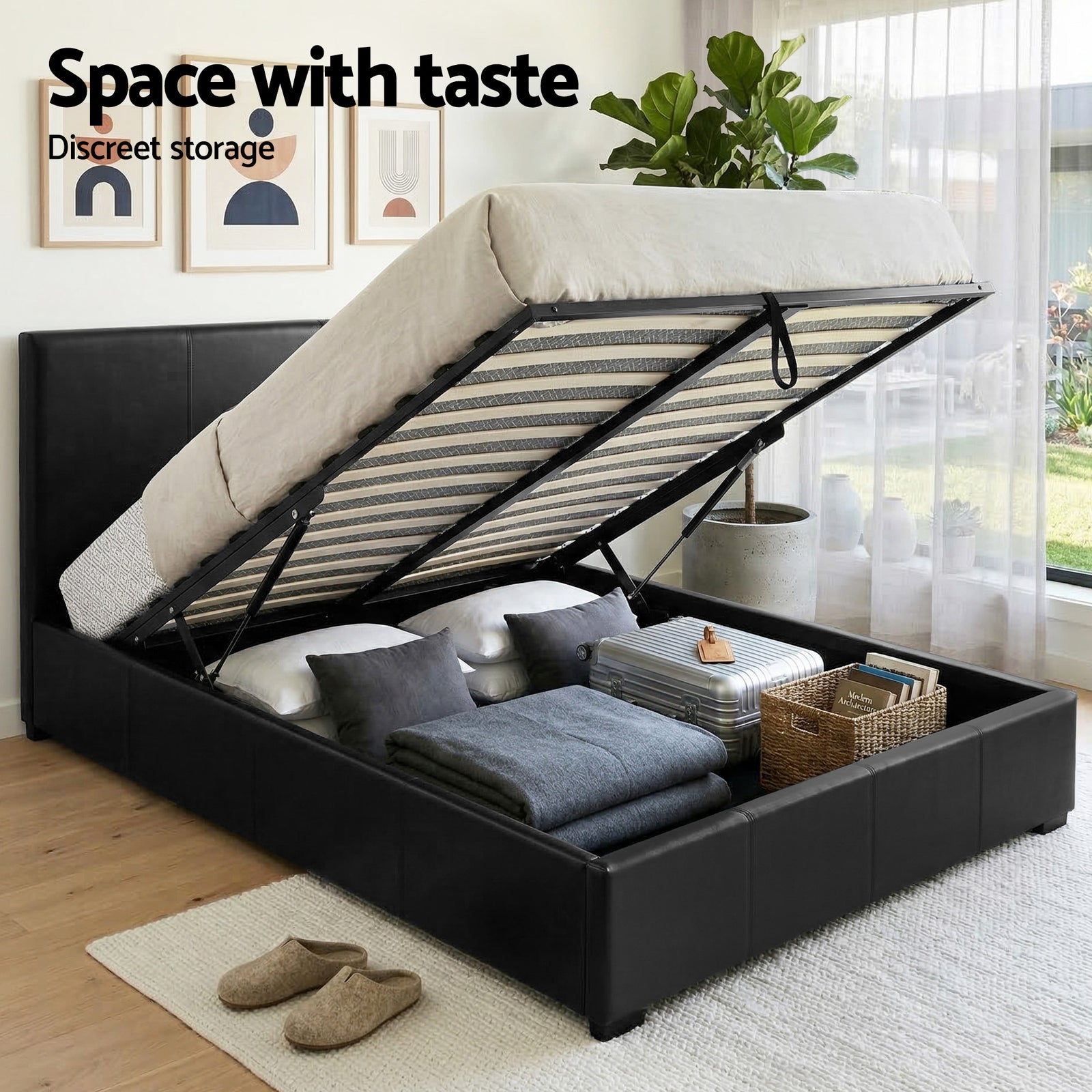 Artiss Gas Lift Queen Bed Frame and Bedside Table Set Leather Black