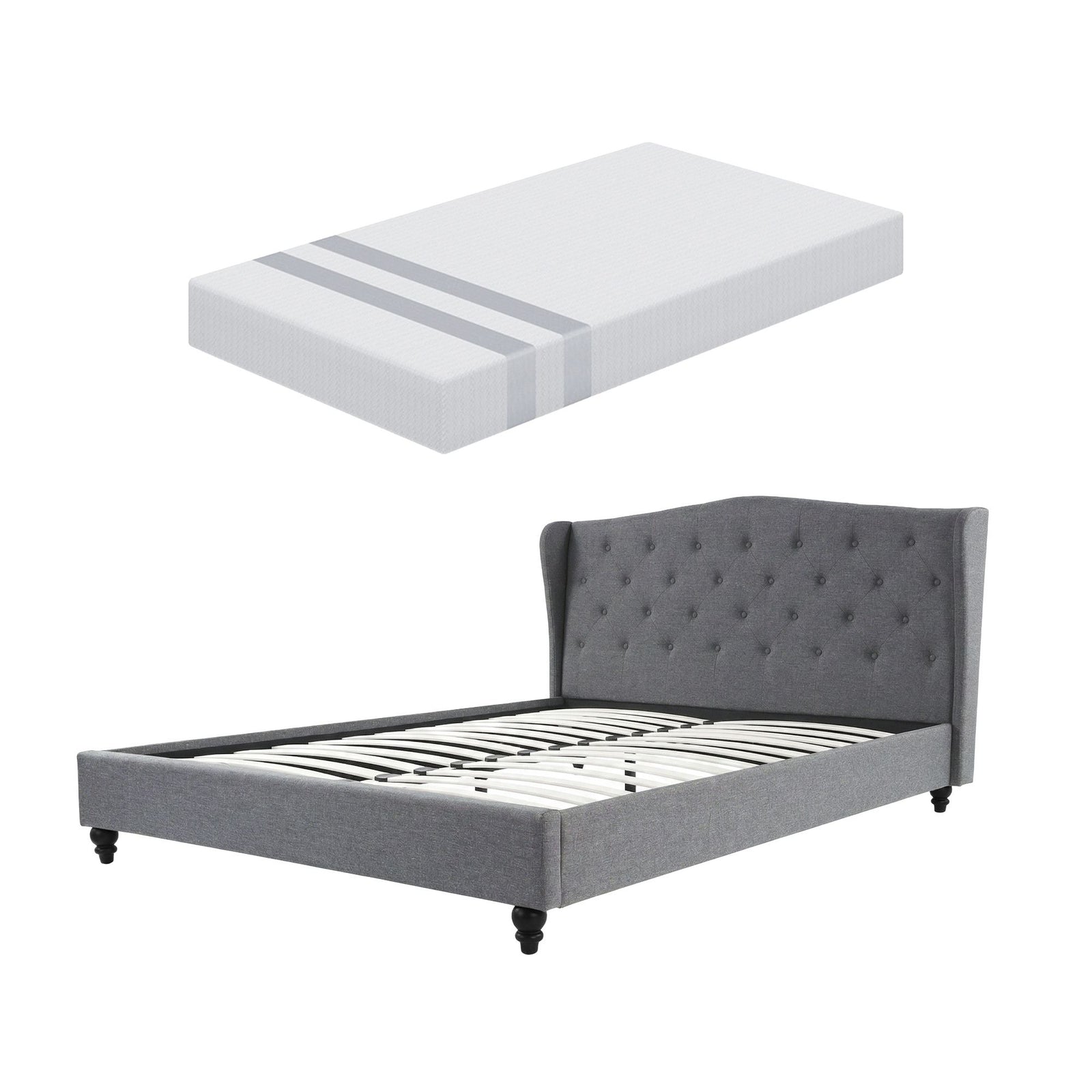 Artiss and BedStory Double Bed Frame and Mattress Set Memory Foam Cooling Gel Medium Soft Tufted Wing Headboard Grey