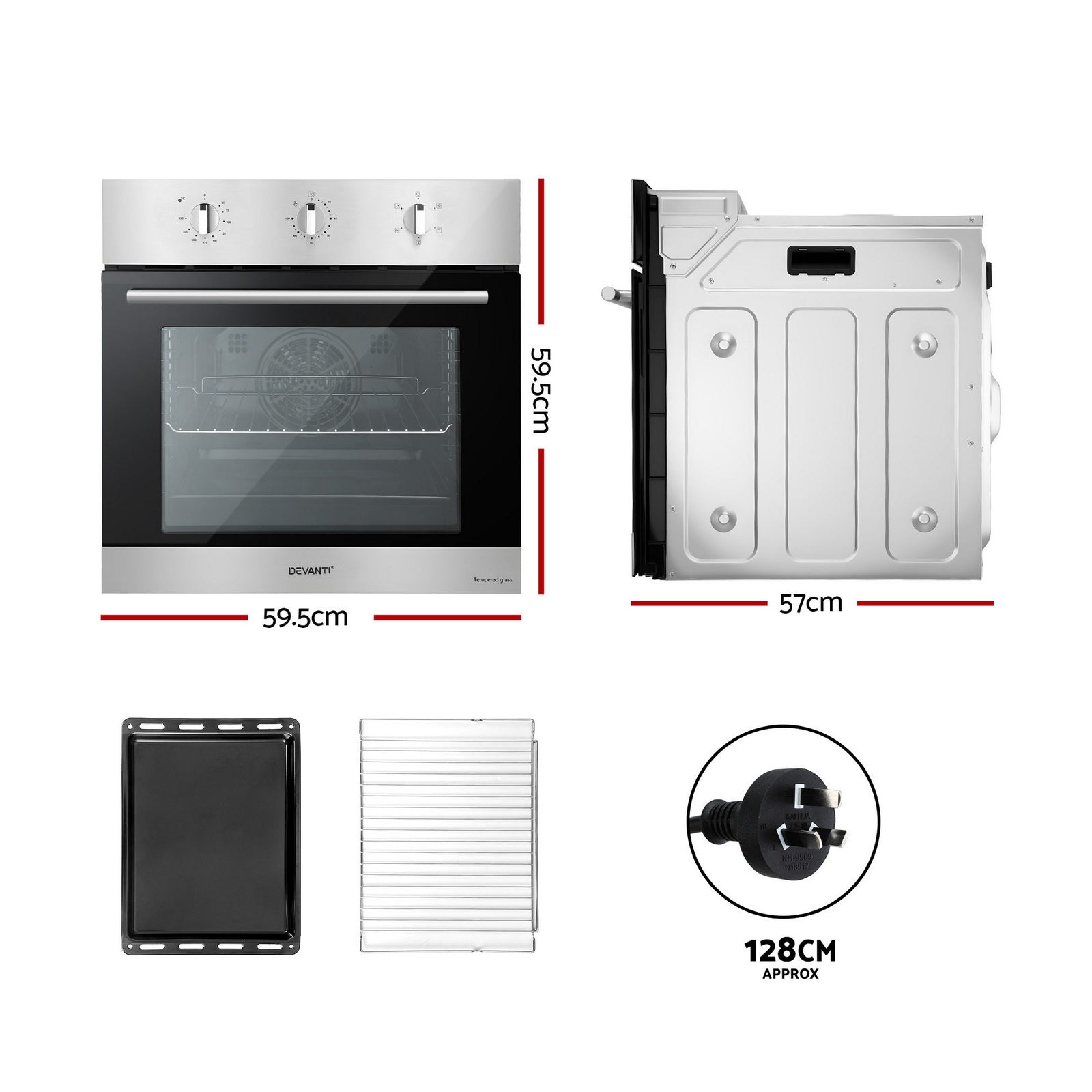 Devanti 60cm Electric Built In Wall Oven Stainless Steel 70L Silver