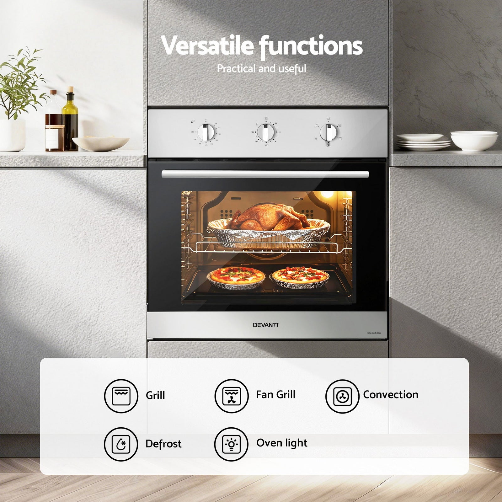 Devanti 60cm Electric Built In Wall Oven Stainless Steel 70L Silver