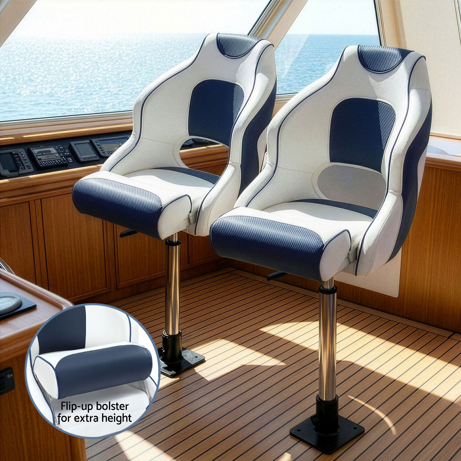 Seamanship Captain Bucket Boat Seats Flip Up Bolster Swivel 15cm Padding with Adjustable Pedestals 55–75cm Blue