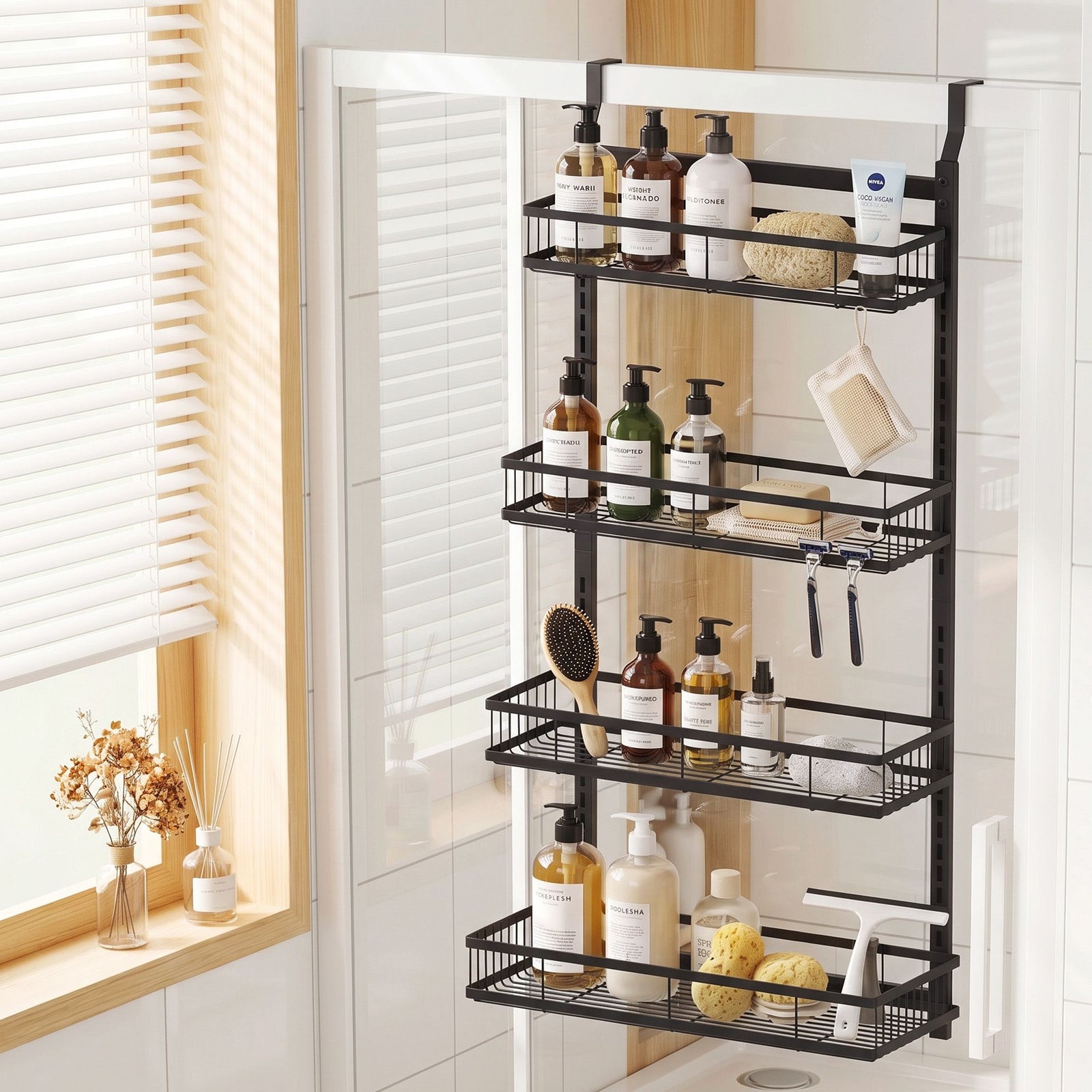 Artiss Over Door Bathroom Rack Hanging Organiser 4 Tier No Drill 91cm Black