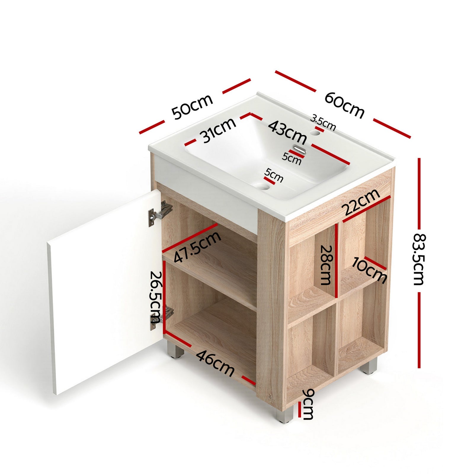 Cefito Vanity Unit 835mm Basin Bathroom Cabinet Side Storage Free Standing Sink