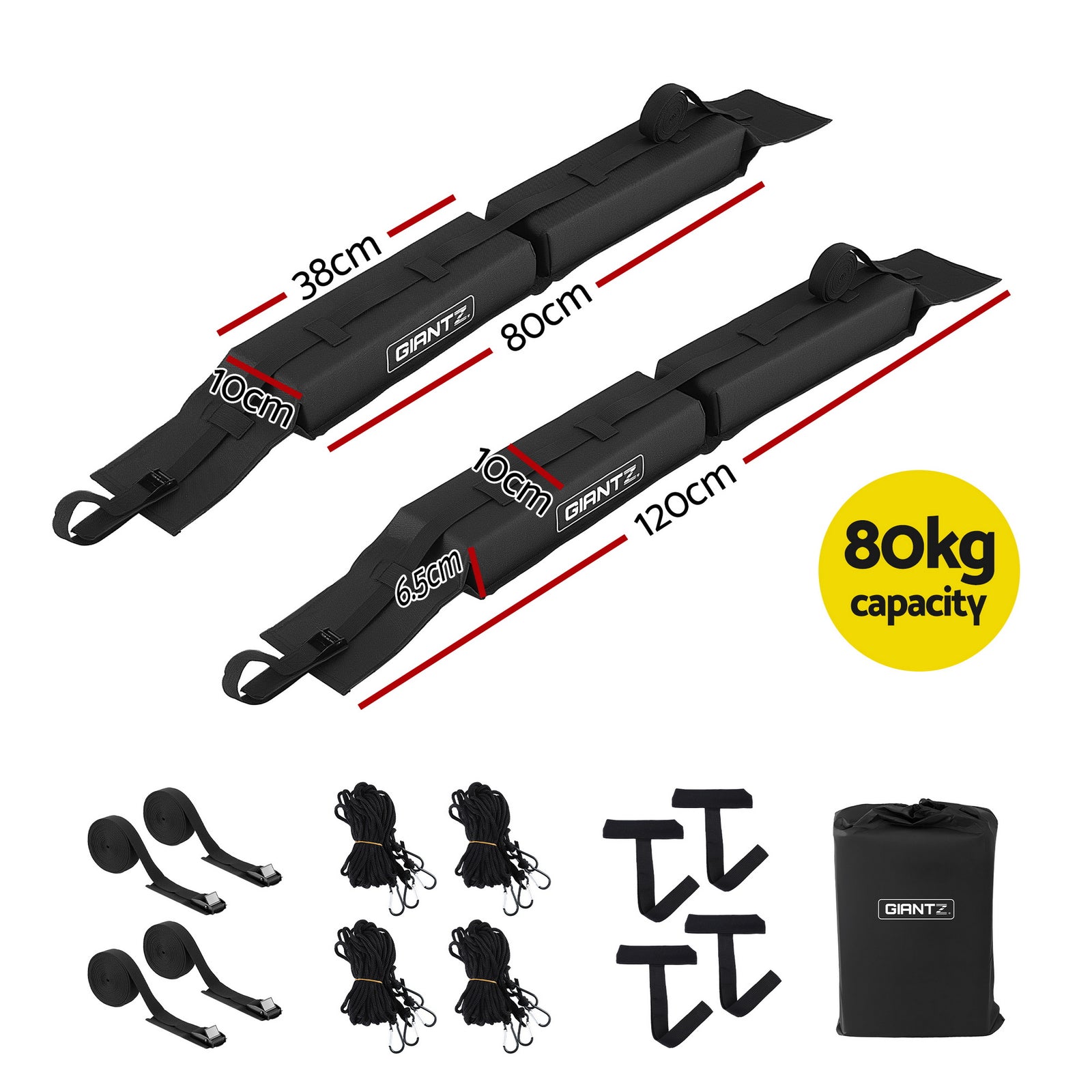 GIANTZ Kayak Roof Rack for Car, Universal Soft Roof Rack Pads for Surfboard SUP Canoe, Roof Bars for SUV Sedan without Side Rails, Portable Cross Bars with 4.5m Tie Down Straps & Ropes, 80kg Capacity
