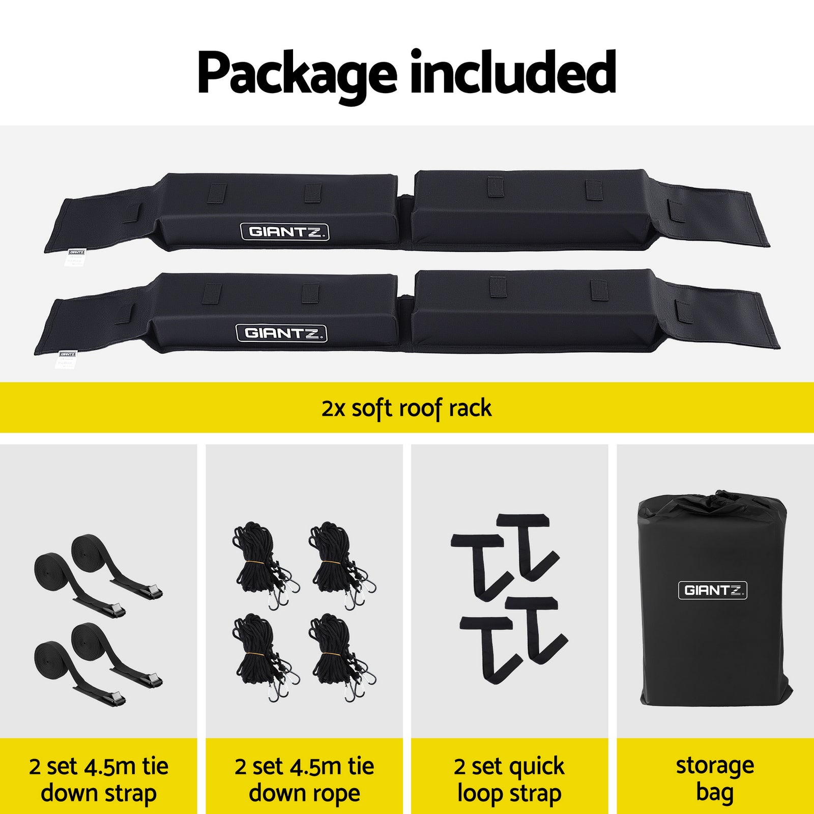 GIANTZ Kayak Roof Rack for Car, Universal Soft Roof Rack Pads for Surfboard SUP Canoe, Roof Bars for SUV Sedan without Side Rails, Portable Cross Bars with 4.5m Tie Down Straps & Ropes, 80kg Capacity