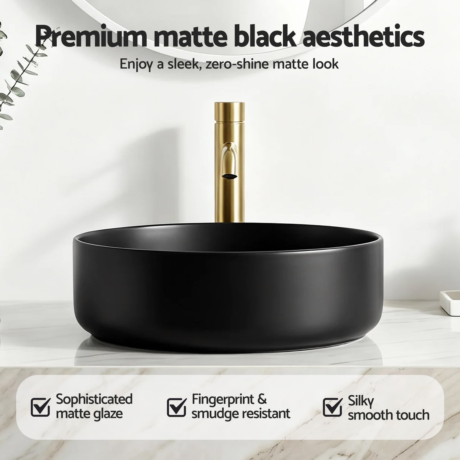 Cefito Bathroom Basin Ceramic Vanity Sink Vessel Bowl Wash Matte Black Round Countertop