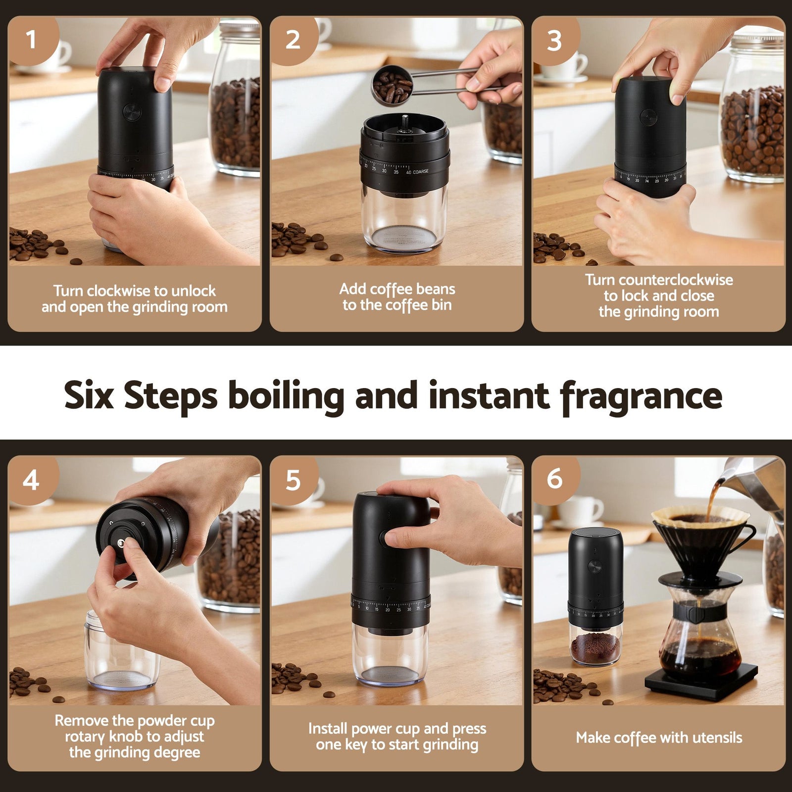 Devanti Electric Coffee Grinder USB-C Rechargeable Portable Coffee Bean Grinder with 40 Precise Grind Settings | Automatic Spice Nut Pepper Grinder Mill with Cleaning Brush & Ground Coffee Container for Home Office Camping Travel, Black