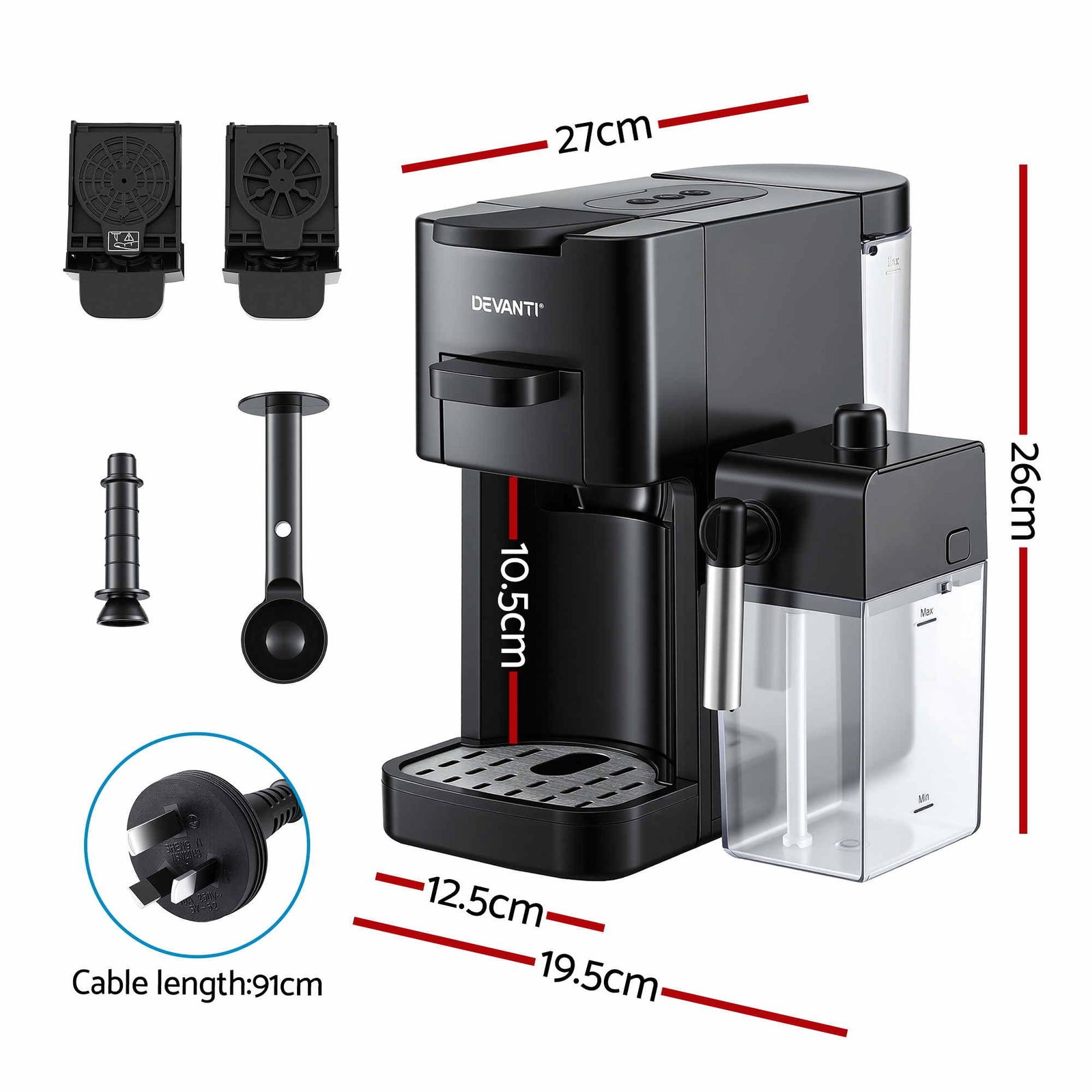 Devanti Capsule Coffee Pod Machine with Milk Frother, Black