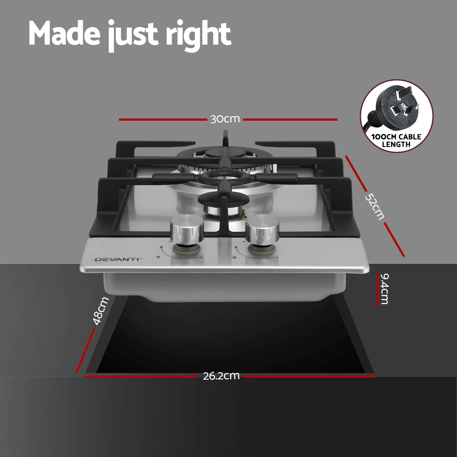 Devanti Gas Cooktop 30cm 2 Burner Silver