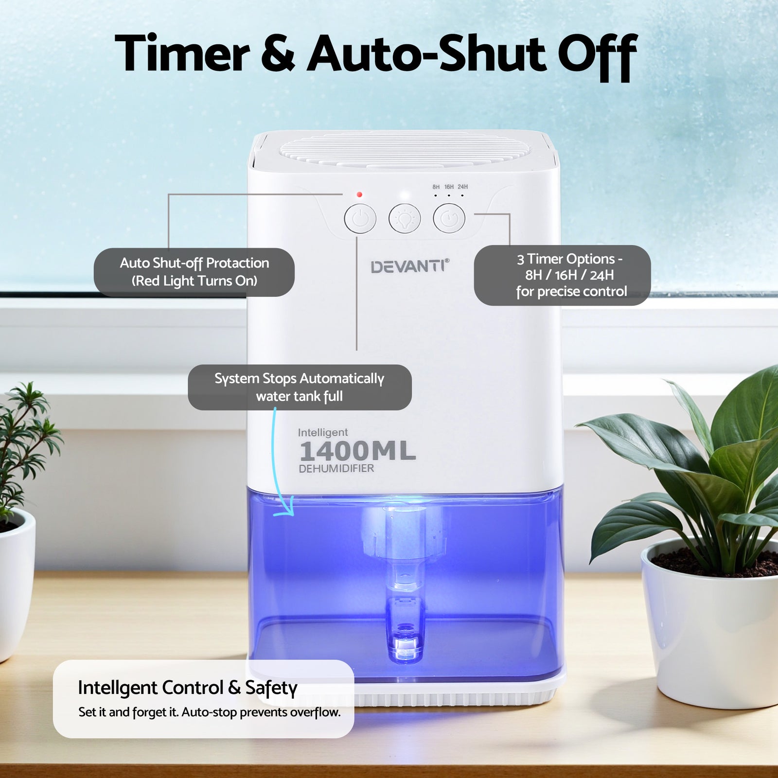 Devanti 1400ML Portable Dehumidifier Quiet Sleep Mode Timer Auto Off Bedroom White