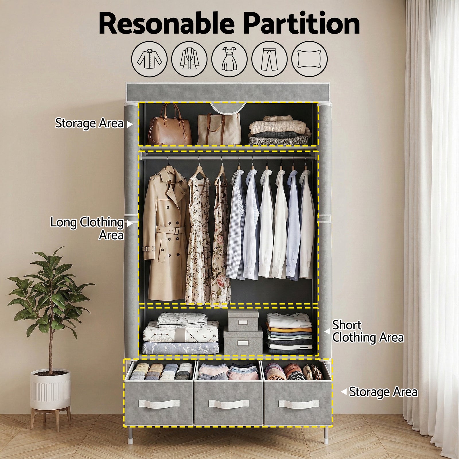 Artiss Large Portable Clothes Closet Wardrobe with Tiebacks Grey