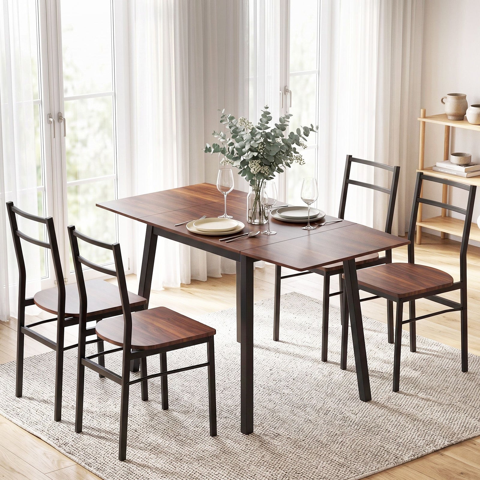 Artiss Dining Table and Chairs Set 5pcs with Extendable 60-120cm Drop-Leaf Table Brown