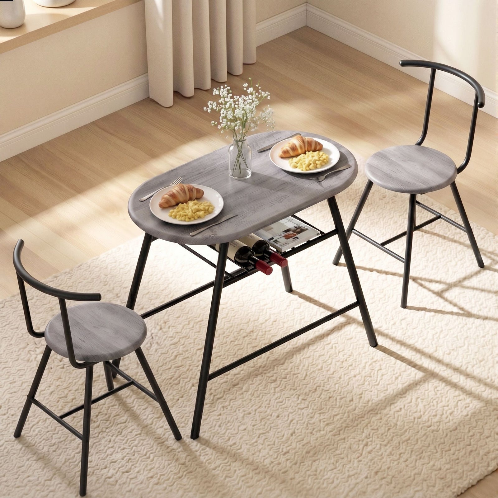 Artiss Oval Dining Table Set 3PC Space-Saving Bistro Kitchen Storage Wine Rack Grey