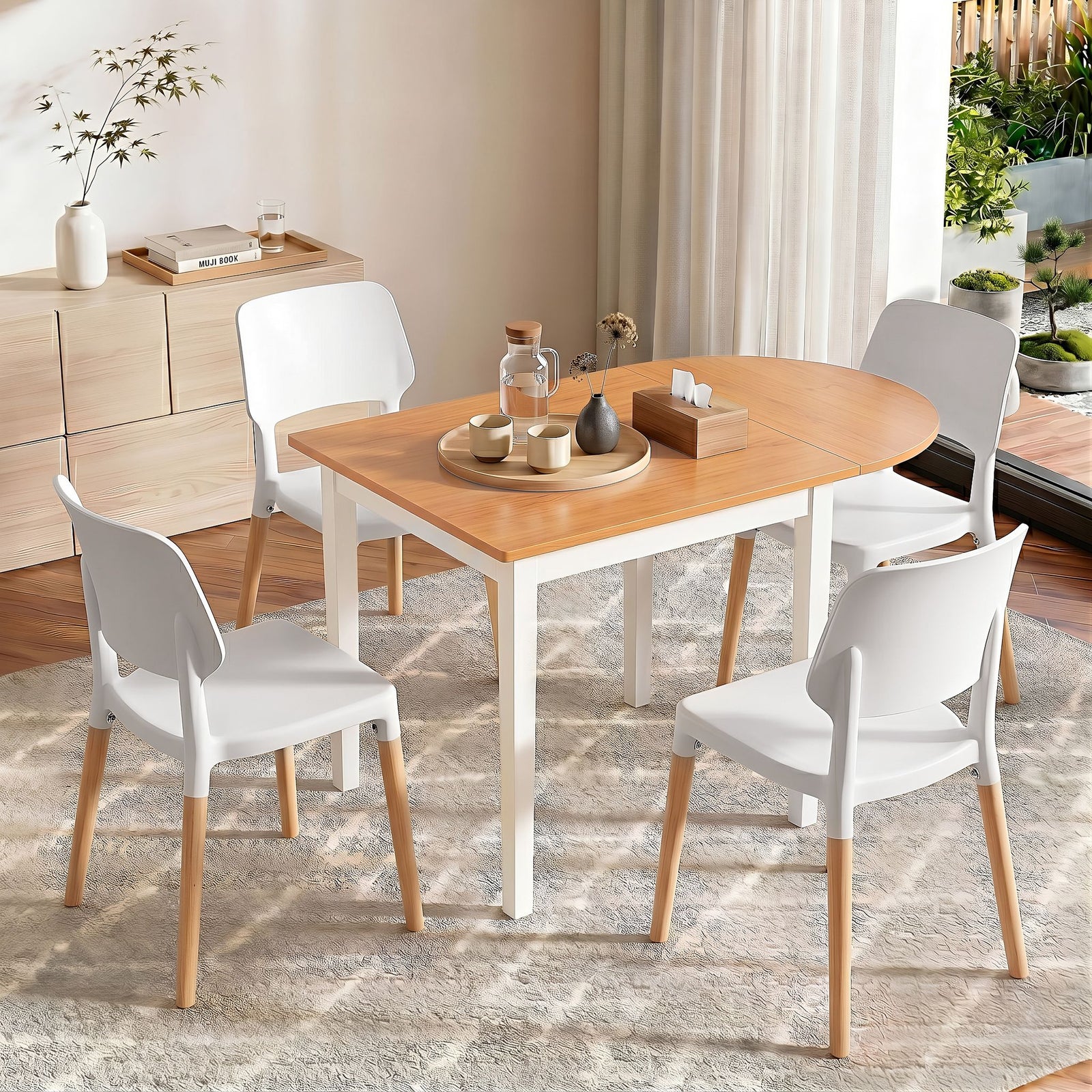 Artiss Dining Table and Chairs Set 5PCS, 75-110cm Drop-Leaf Table, with 4 Dining Chairs White Wooden, 4 Seater Dining Table Set for Kitchen, Apartment, Café