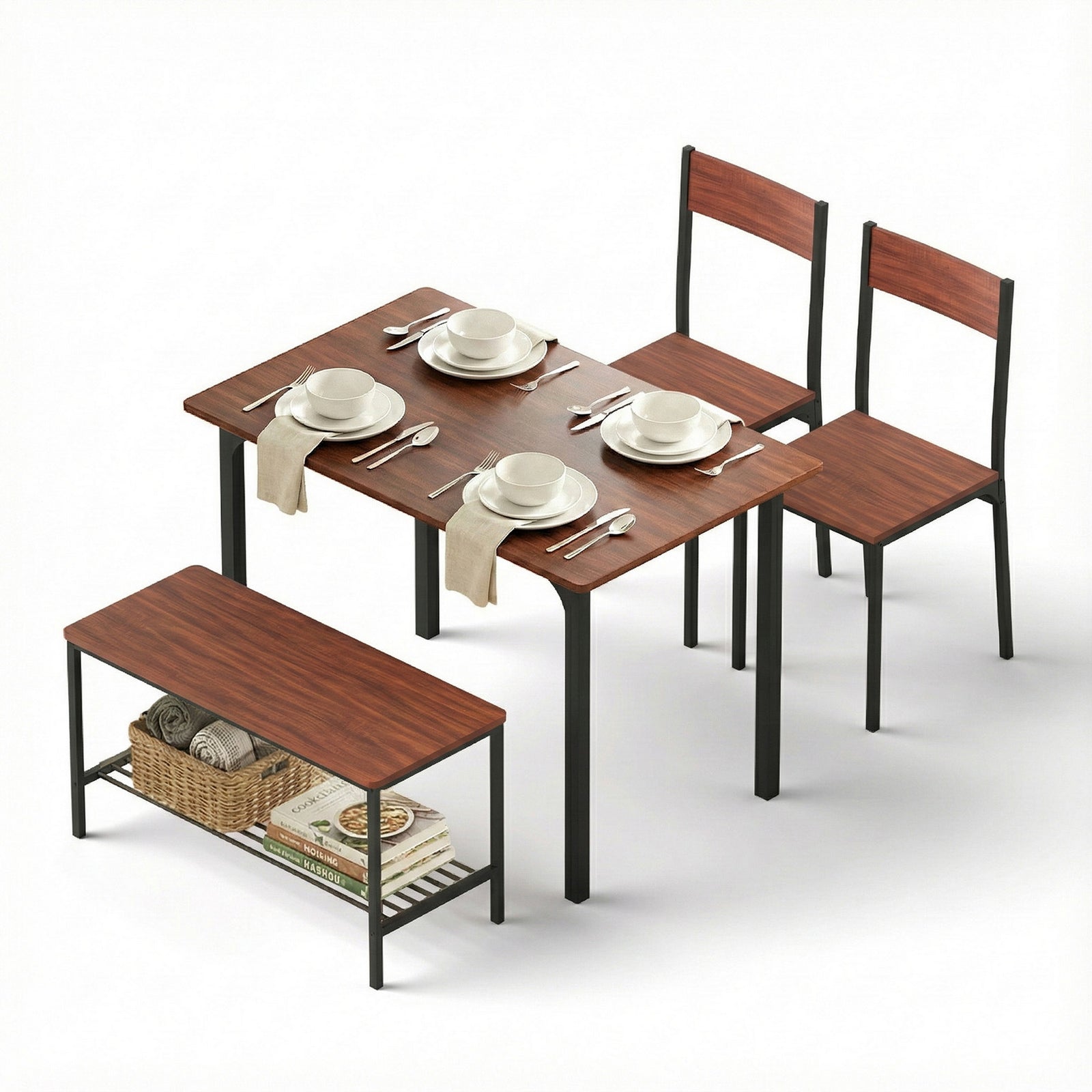 Artiss Dining Table and Chairs Set of 4 Storage Bench Kitchen Furniture Walnut