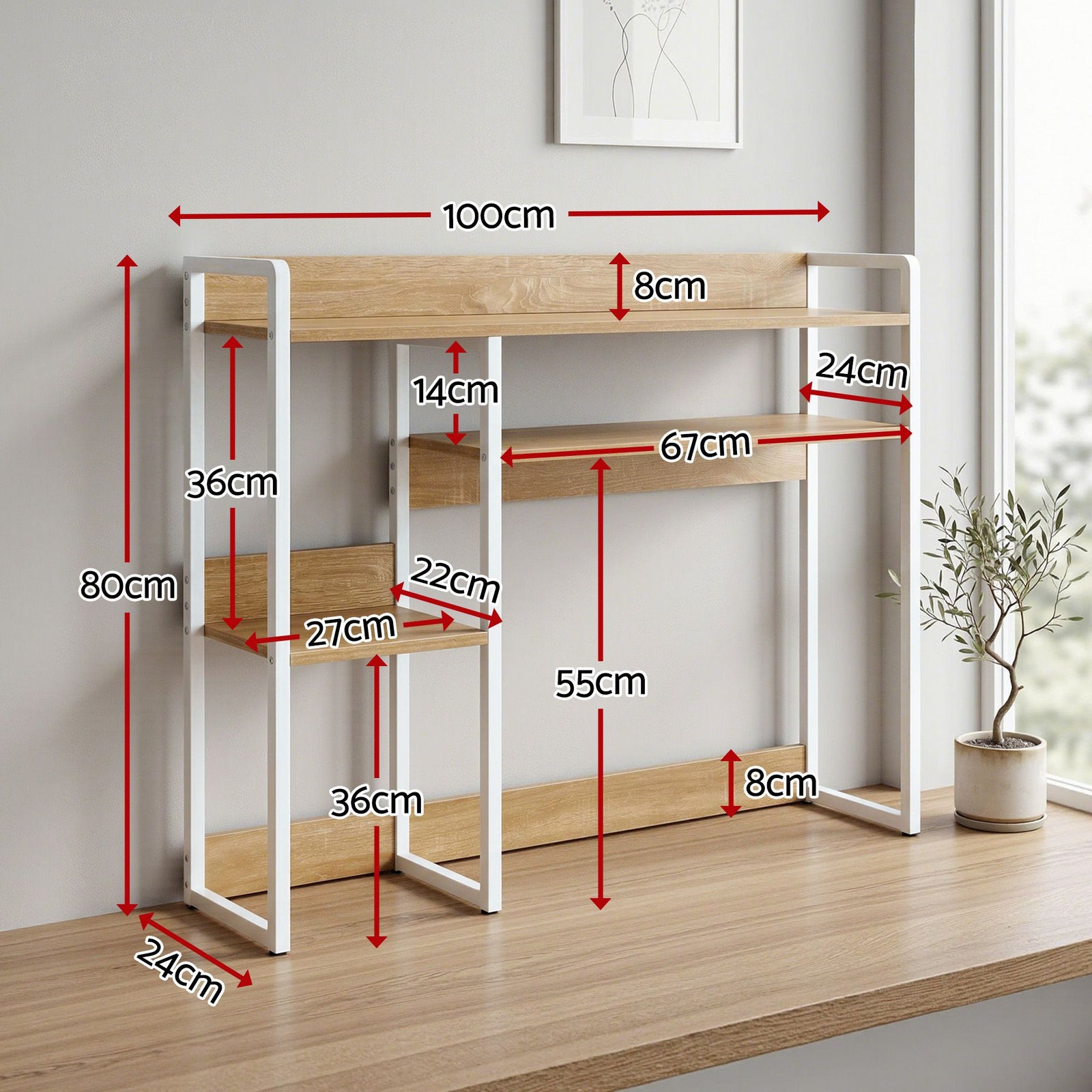 Artist Desk Organizer 2-Tier Desk Shelf 24cm Depth for Unblocked Monitor View Asymmetrical Desk Hutch Dorm for WFH & Gaming Heavy-Duty