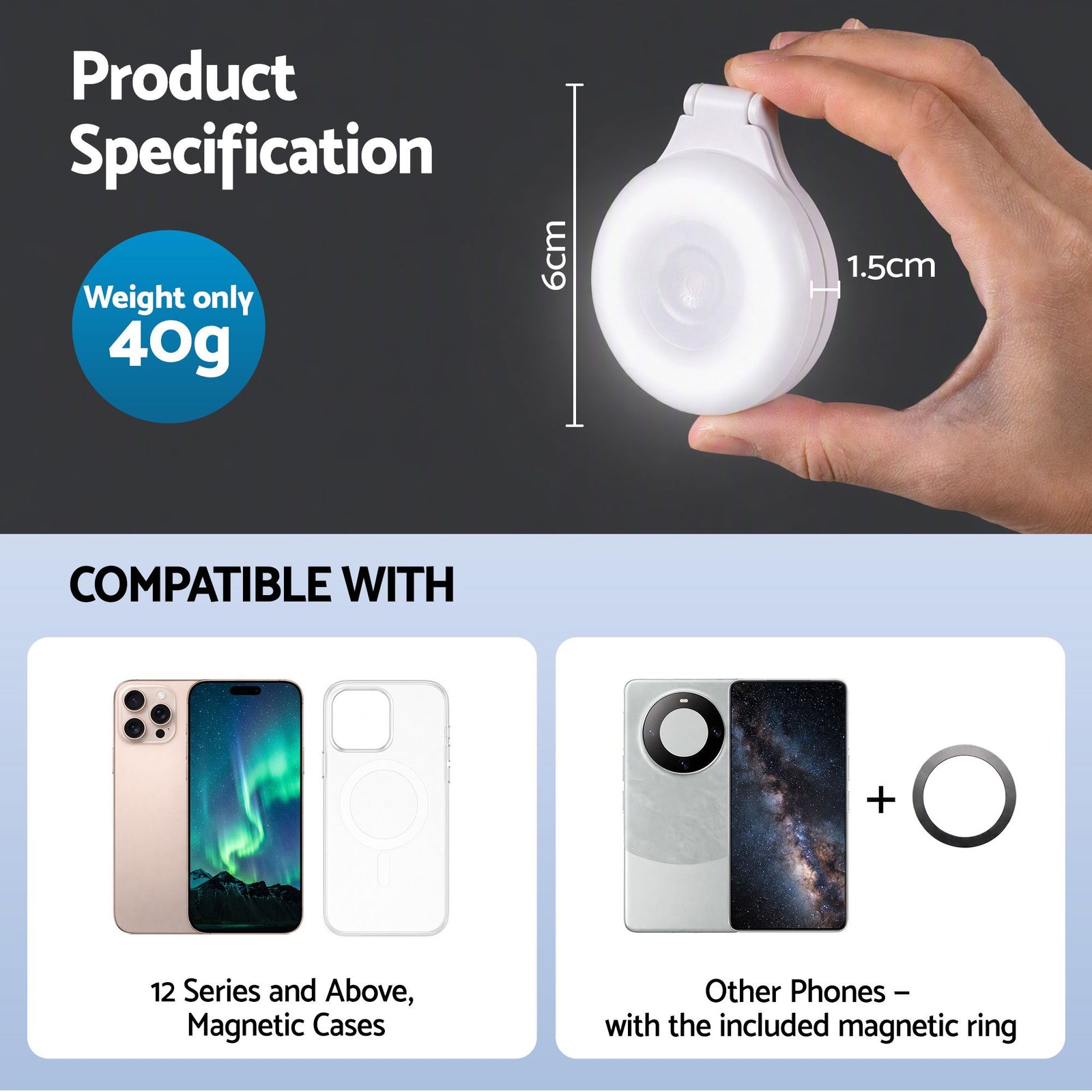 Devanti Magnetic Selfie Light Foldable LED Ring Fill Phone Light CRI95 White