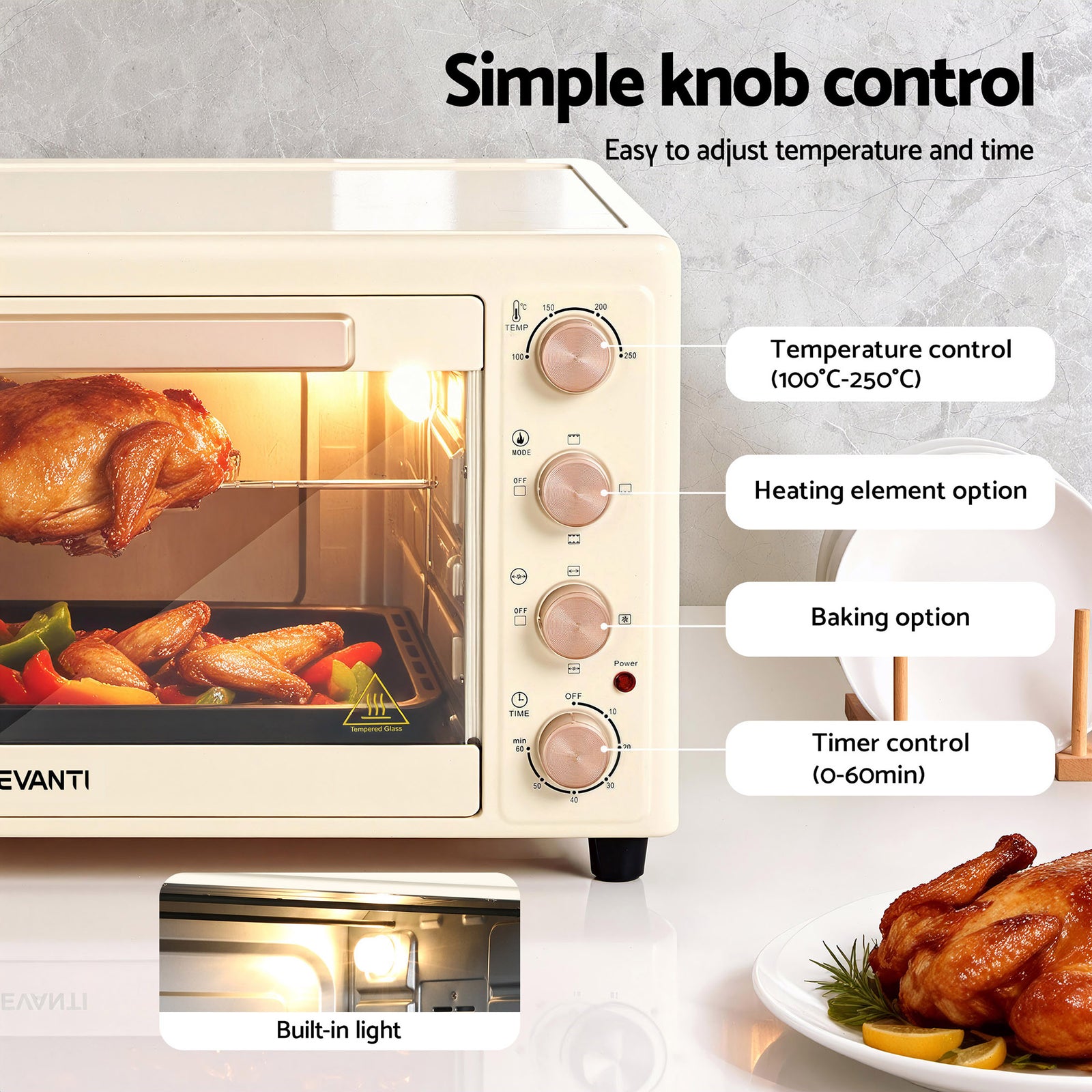 Devanti 60L Convection Oven Electric Fryer Ovens 2000W Cream