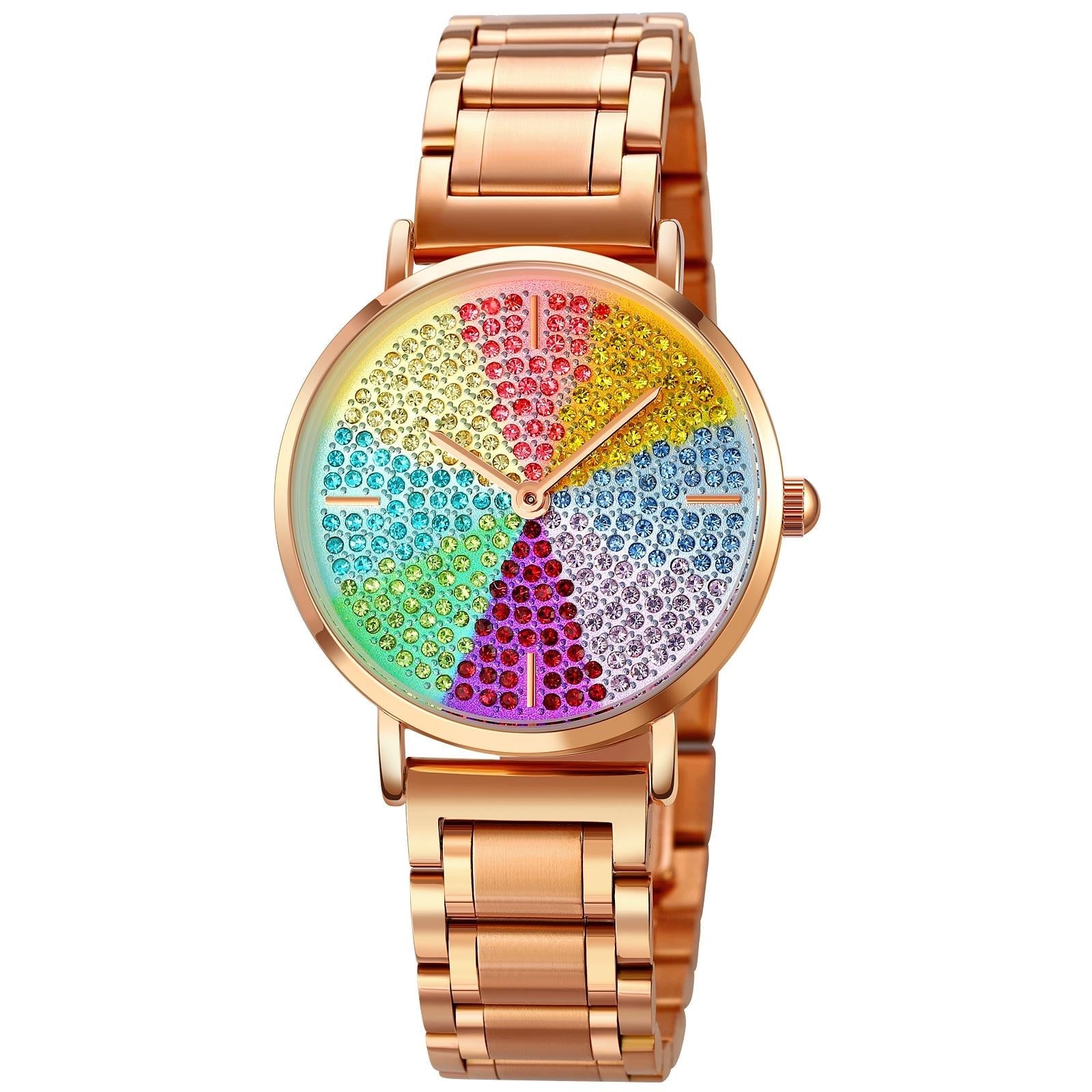 Women Rose Gold Steel Watch With Eight Colour Diamond Dial-1922443424951308295