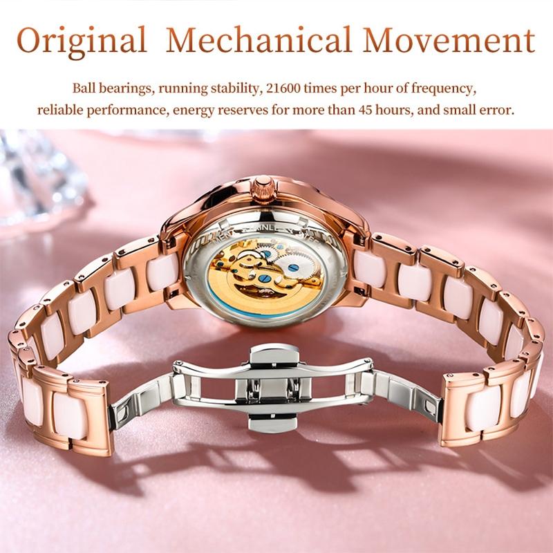 Women Waterproof Mechanical Watch With Ceramic Band - Multifunctional And Elegant-1922443431741886469