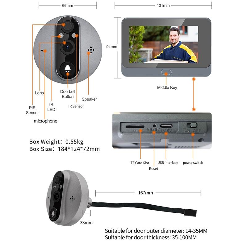Smart Wifi Door Viewer With Wide-Angle Pir & Night Vision - 1080P 4.3 Inch Dingdong Photo - White-1915197132042801153