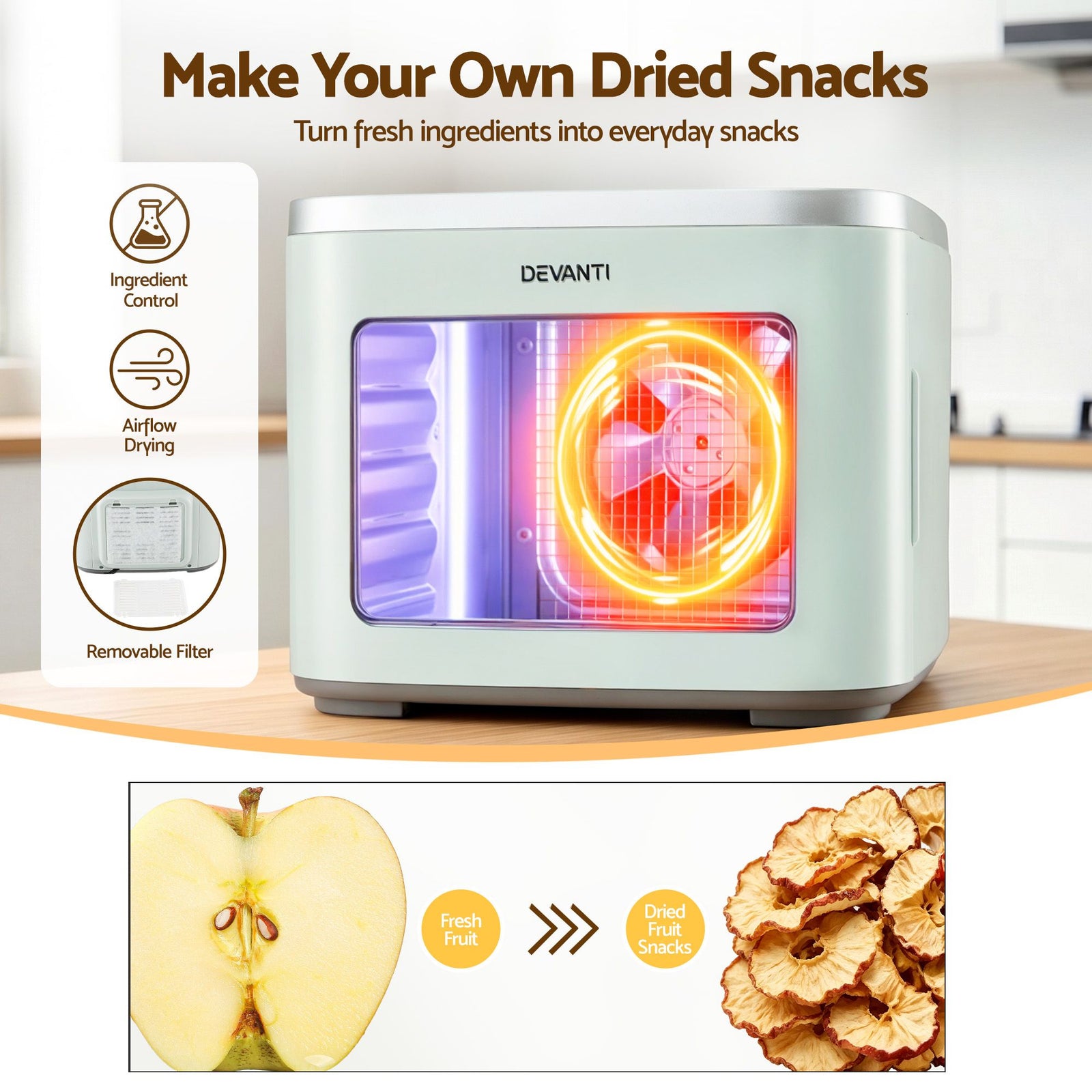 Devanti Food Dehydrator Machine 5 Tray Mini Fruit Dryer Maker Green