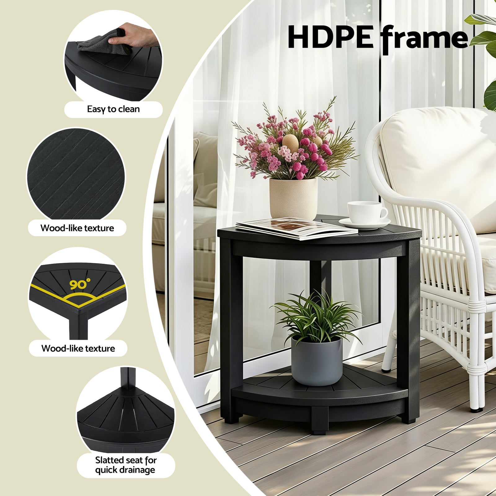 Gardeon Outdoor Coffee Side Table HDPE Desk Corner Shower Stool Bench Seat with Storage Shelf Black