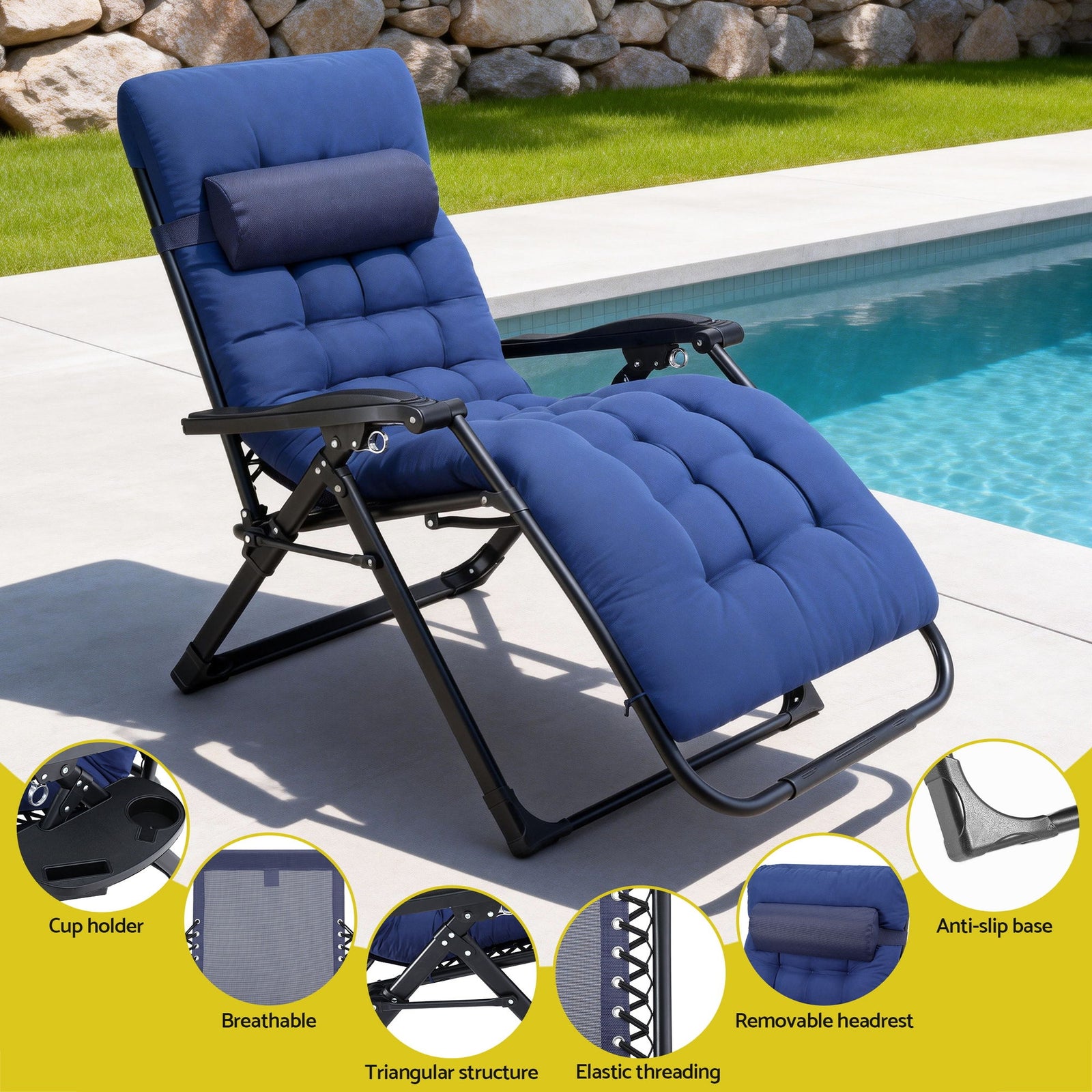 Gardeon Sun Lounge Lounger Folding Camping Zero Gravity Chair Outdoor Furniture XL Blue