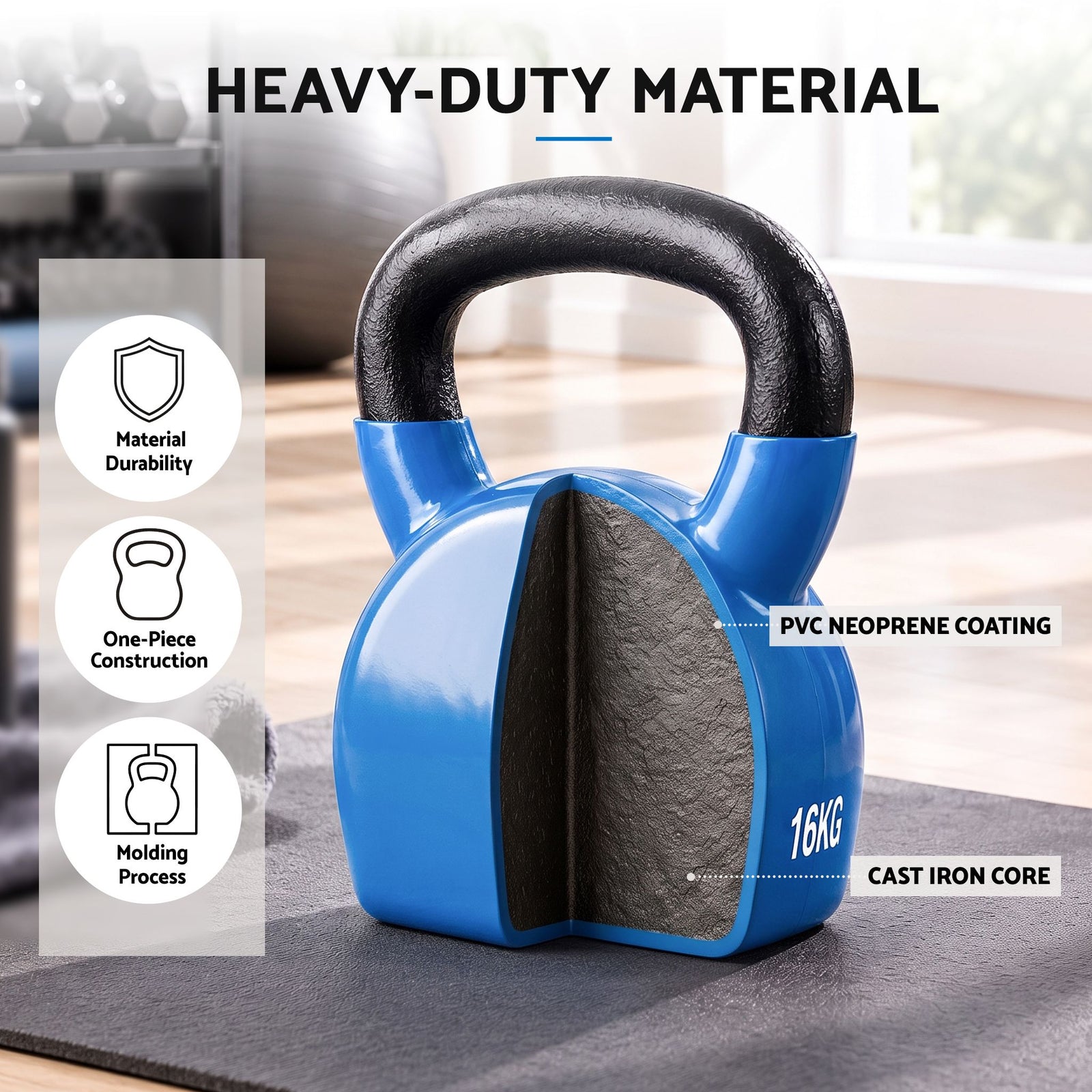 Everfit 16kg Kettlebell Cast Iron Weightlifting Bench Dumbbells Kettle Bell Blue