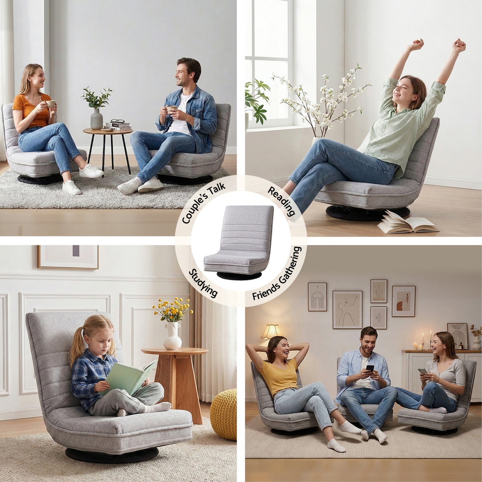 Ariss Swivel Floor Chair 360 Adjustable Foldable Lounge Seat Floor Sofa Chair Grey