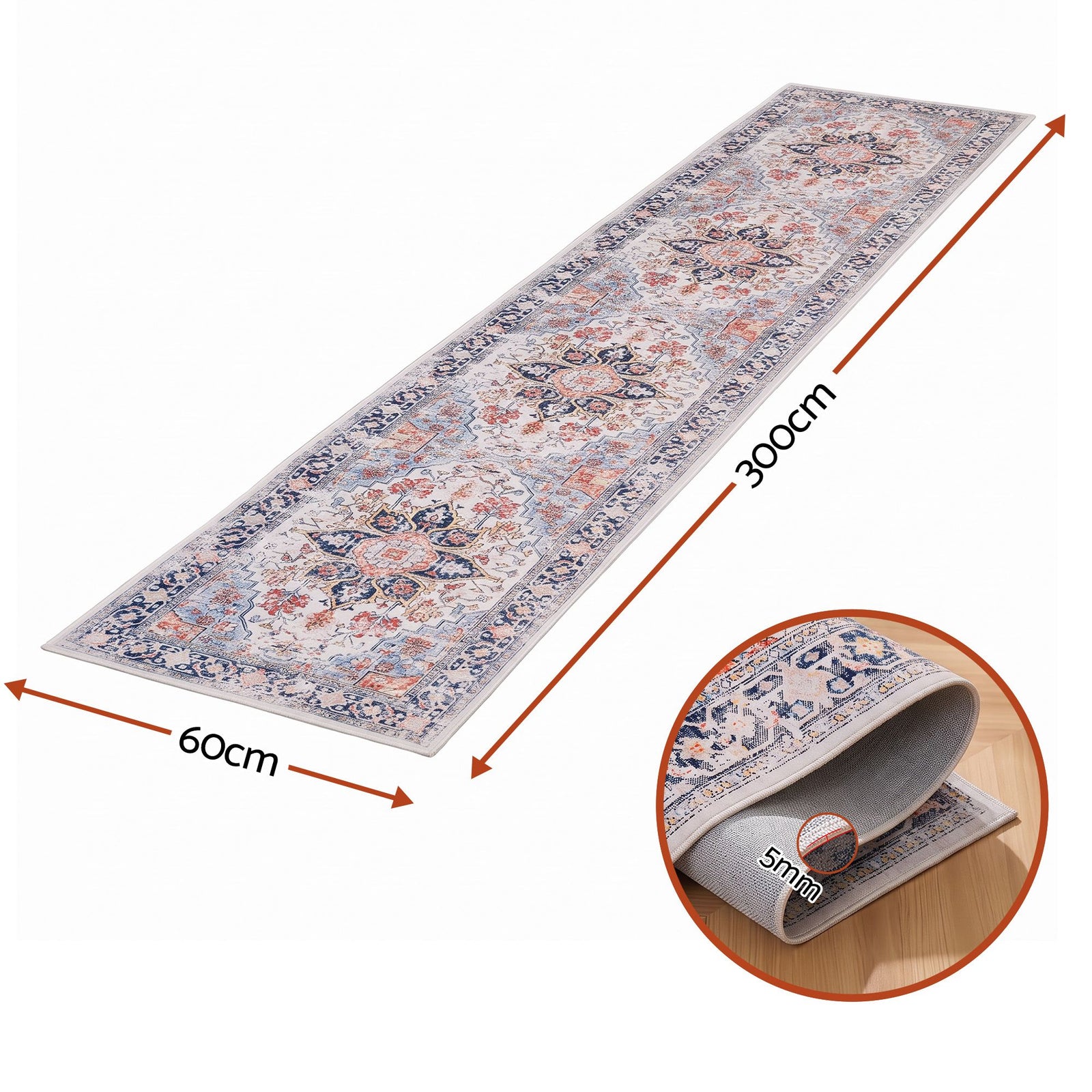 Artiss 60 x 300 cm Runner Rugs For Living Room No Heavy Rubber Crease-Free Foldable Design For Kitchen Entryway And Bedroom 100% Polyester Water-repellent Resistant Non-Shedding