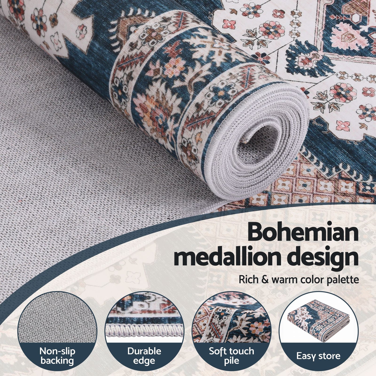 Artiss 80 x 180 cm Washable Runner Area Rug No Hard Glue Quilt-Like Soft for Home Decor, 0.5cm Ultra-Thin Pet Friendly Bohemian Medallion Bedroom Carpet