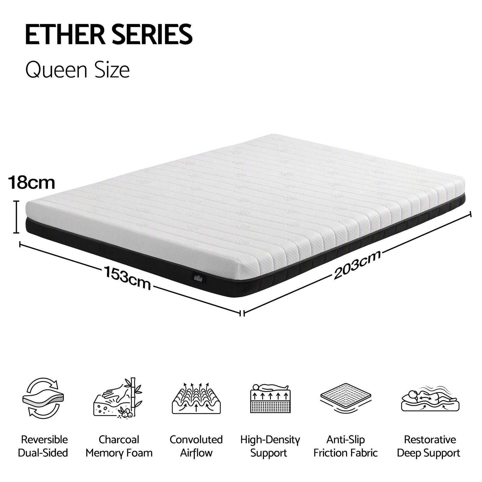 Giselle 18cm Queen Memory Foam Mattress Dual Feel Reversible Charcoal Foam