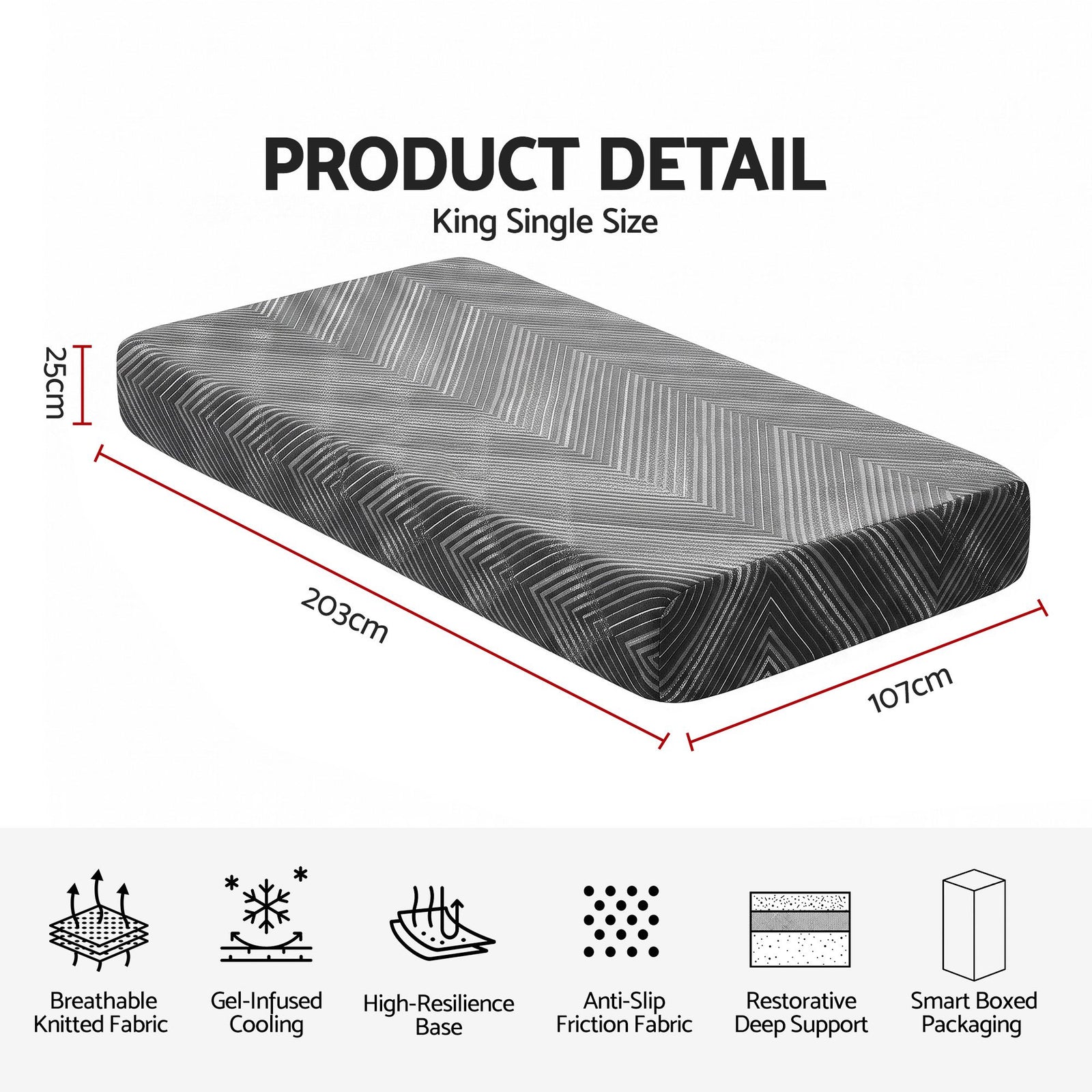 Giselle 25cm King Single Memory Foam Mattress Gel Infused Foam Removable Cover