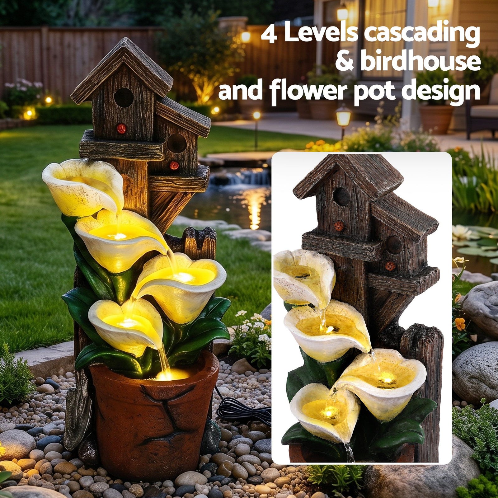 Gardeon Solar Fountains Water Features 4-Tier Cascading Flower Bowls 55cm