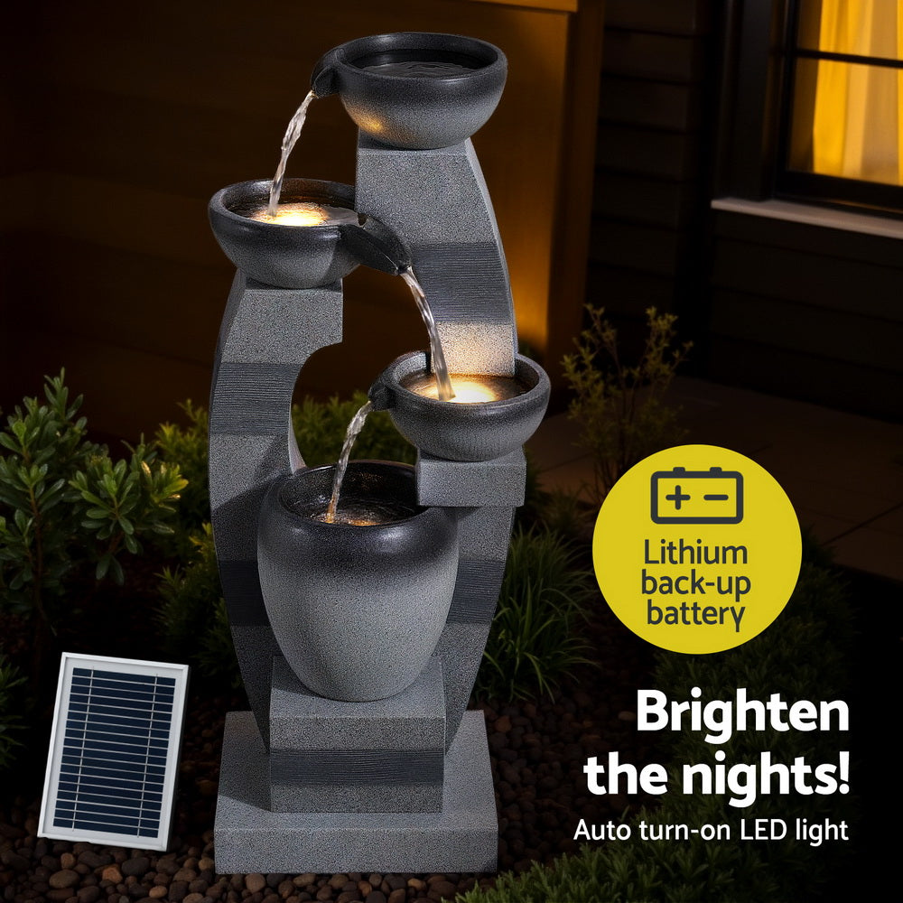 Gardeon Solar Fountain Water Feature Outdoor Fountain Indoor 4-Tier Bowl Cascading Grey