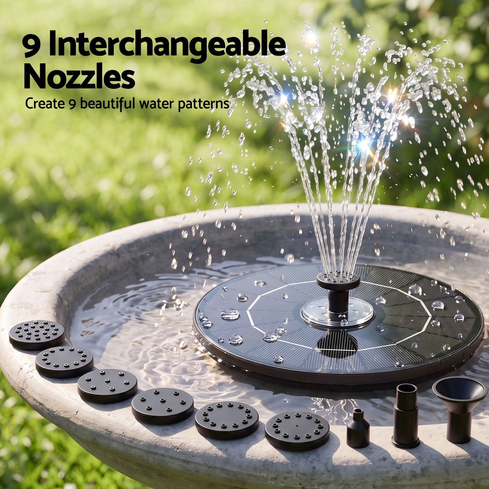 Gardeon Solar Fountain Pump Bird Bath LED Lights 165 L/h Flow 17cm Black