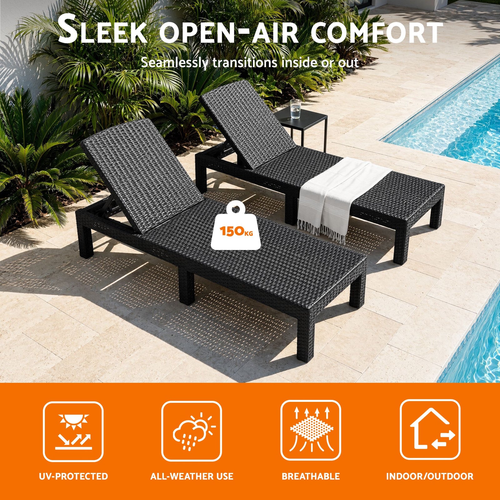 Gardeon 2X Foldable Sun Lounges Outdoor Recliner Patio Beach Chair Rattan Black