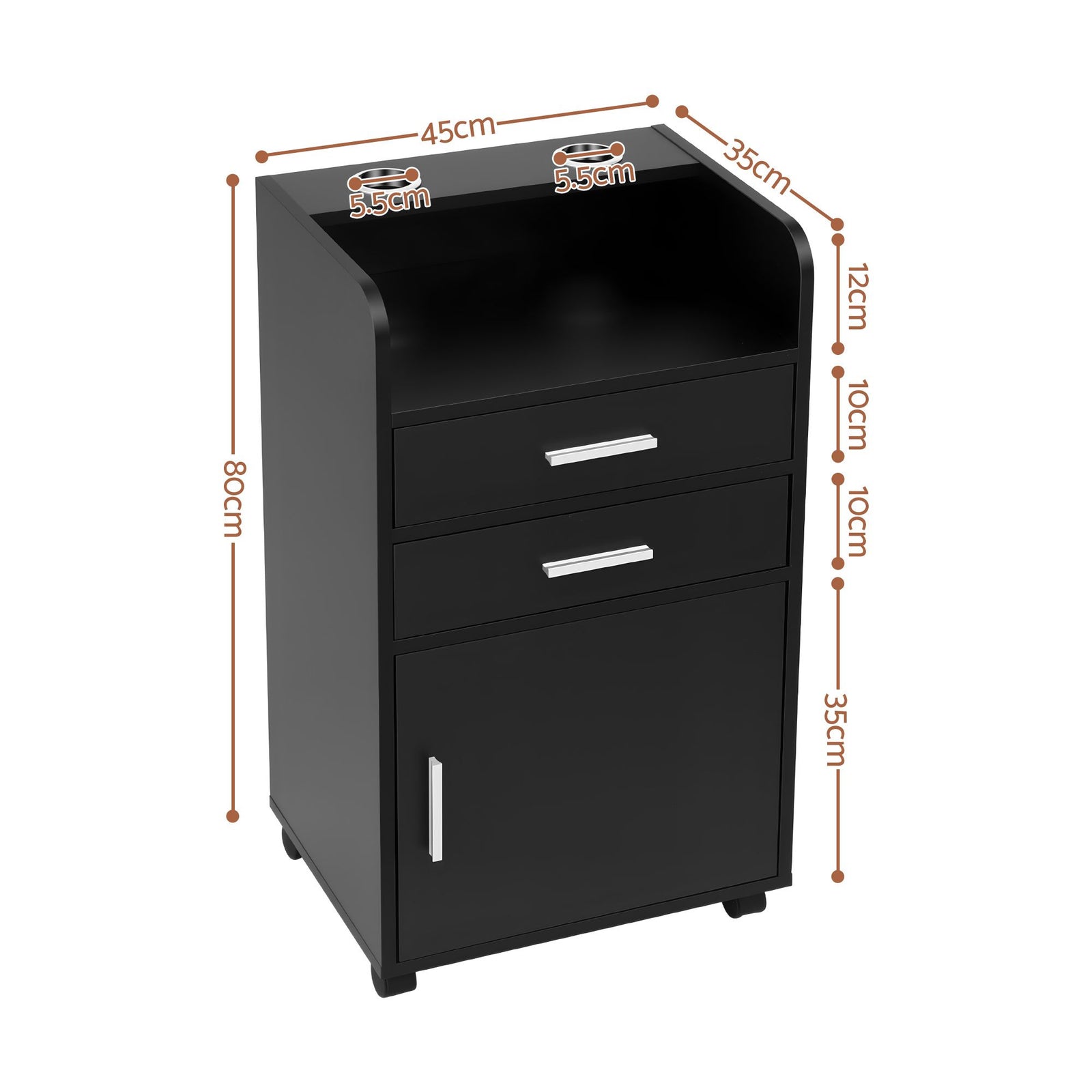 Artiss Professional Salon Station Rolling Cart, Hair Styling Beauty Cabinet with 2 Drawers & 2 Appliance Holders, Wood Barber Spa Trolley with 360° Wheels for Skincare & Vanity, Black
