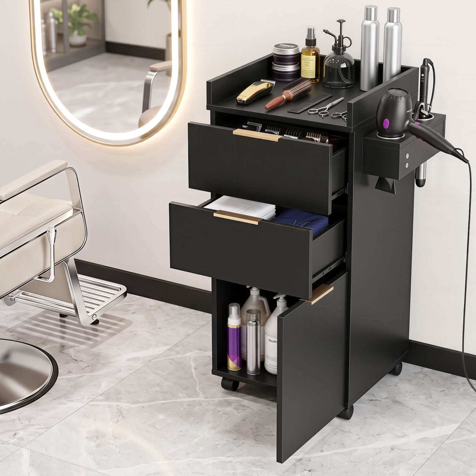 Artiss Professional Salon Station Rolling Cart, Hair Styling Beauty Cabinet with 2 Drawers, Large Supply Cabinet & 3 Appliance Holders, Wood Barber Spa Trolley with 360° Wheels for Skincare & Vanity, Black