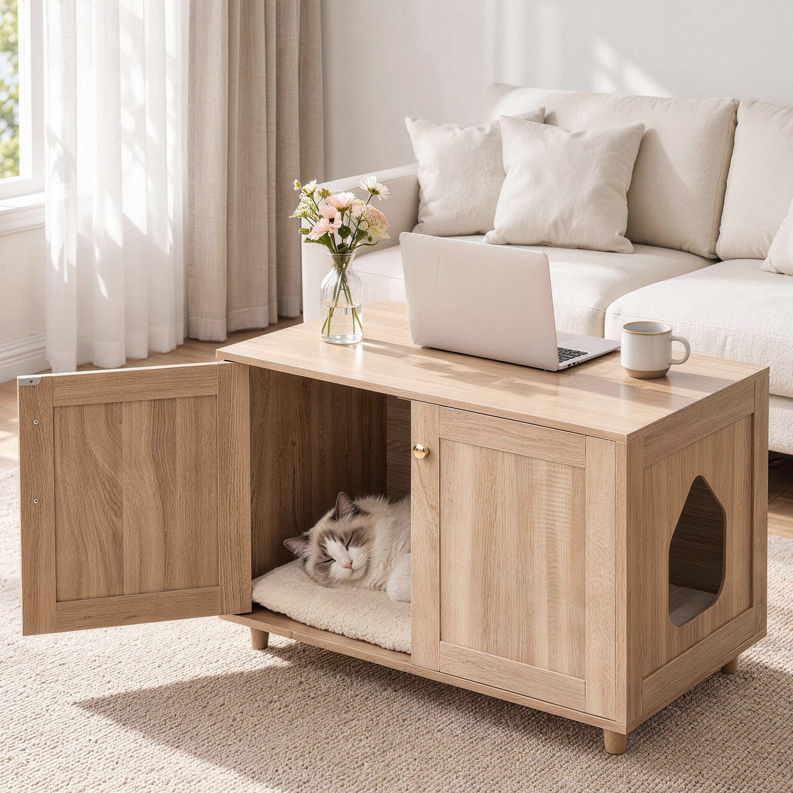 Artiss 2-In-1 Coffee Table Pet Cat House Wooden Side Table Storage Cabinet 80x50x55CM