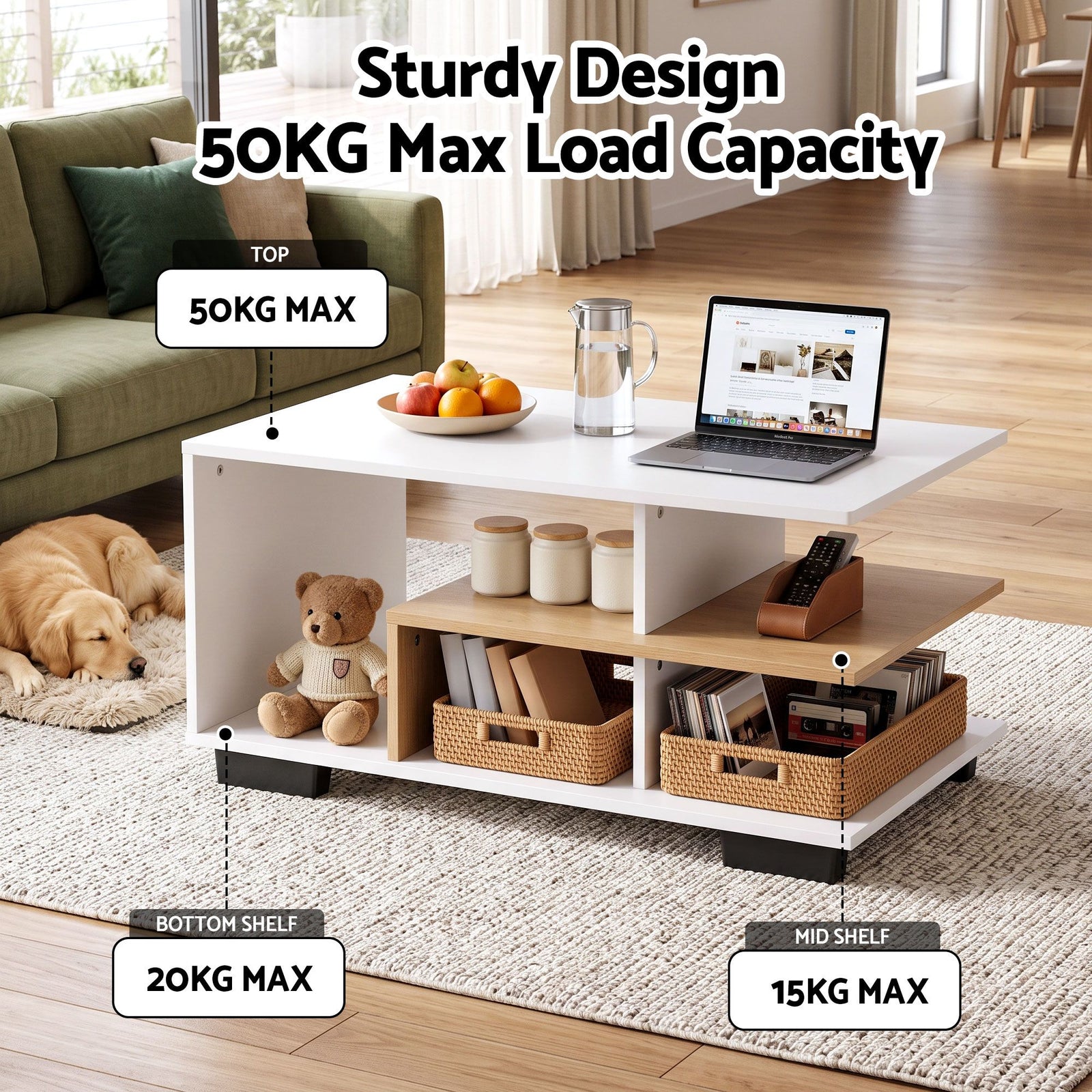 Artiss Coffee Table 90cm Center Table 3 Tier Open Storage Shelf Modern Living Room White & Wood