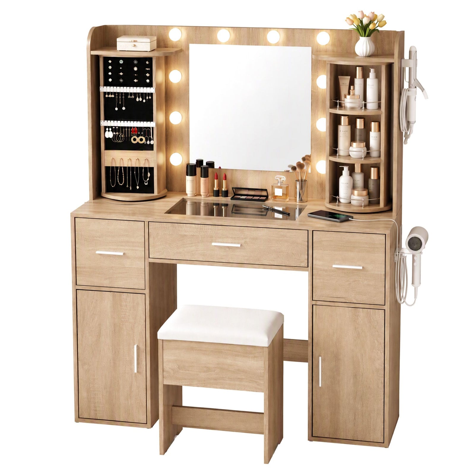 Artiss Dressing Table Vanity Desk LED Mirror Stool Set Charging Station Glass Top Rotating Shelf Wood