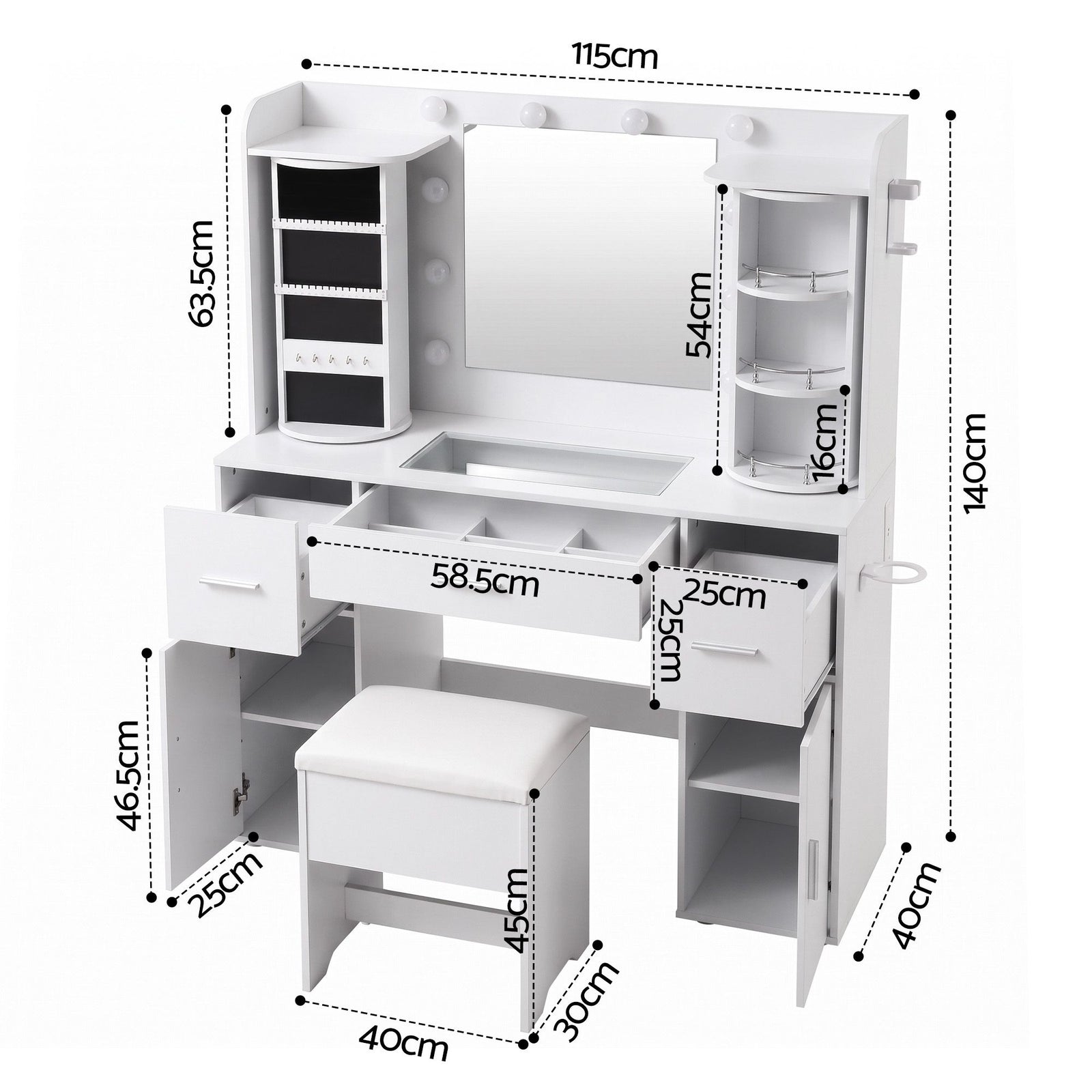 Artiss Dressing Table Vanity Desk LED Mirror Stool Set Charging Station Glass Top Rotating Shelf White