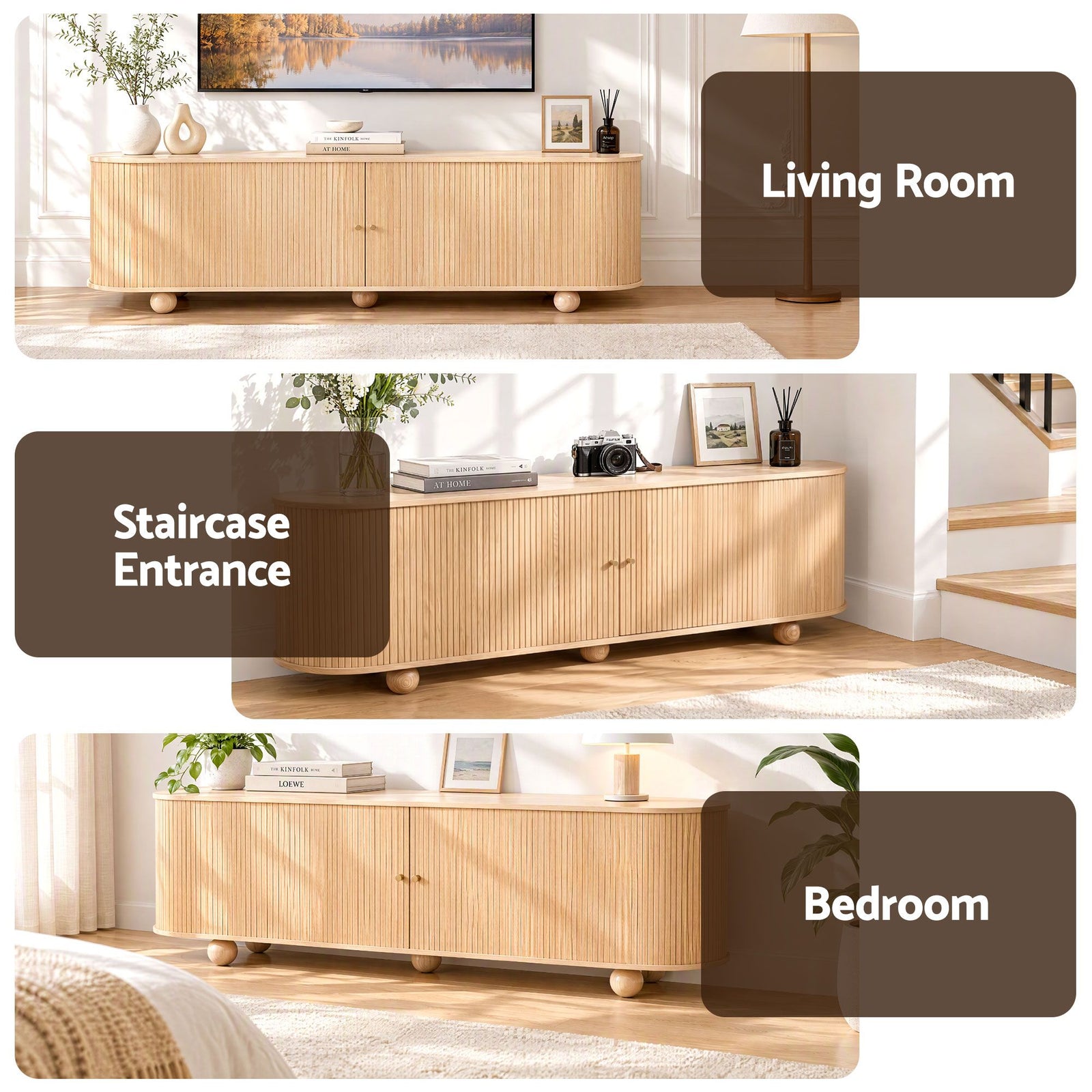 Artiss 180cm TV Unit Storage Shelf Curved Edge Sliding Fluted Style Door Pine