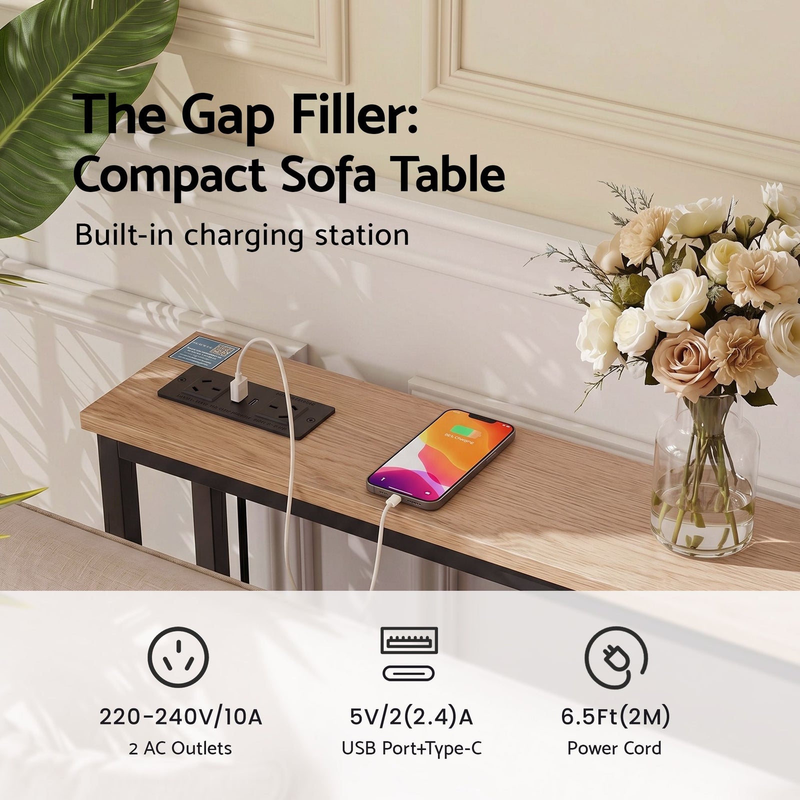 Artiss Set of 2 Narrow Sofa Console Tables with Charging Station, Wood
