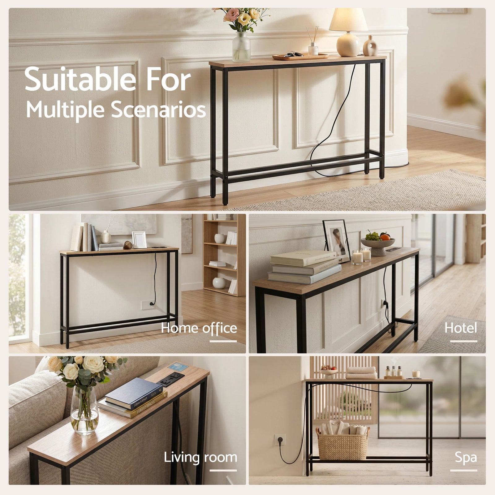 Artiss Set of 2 Narrow Sofa Console Tables with Charging Station, Wood