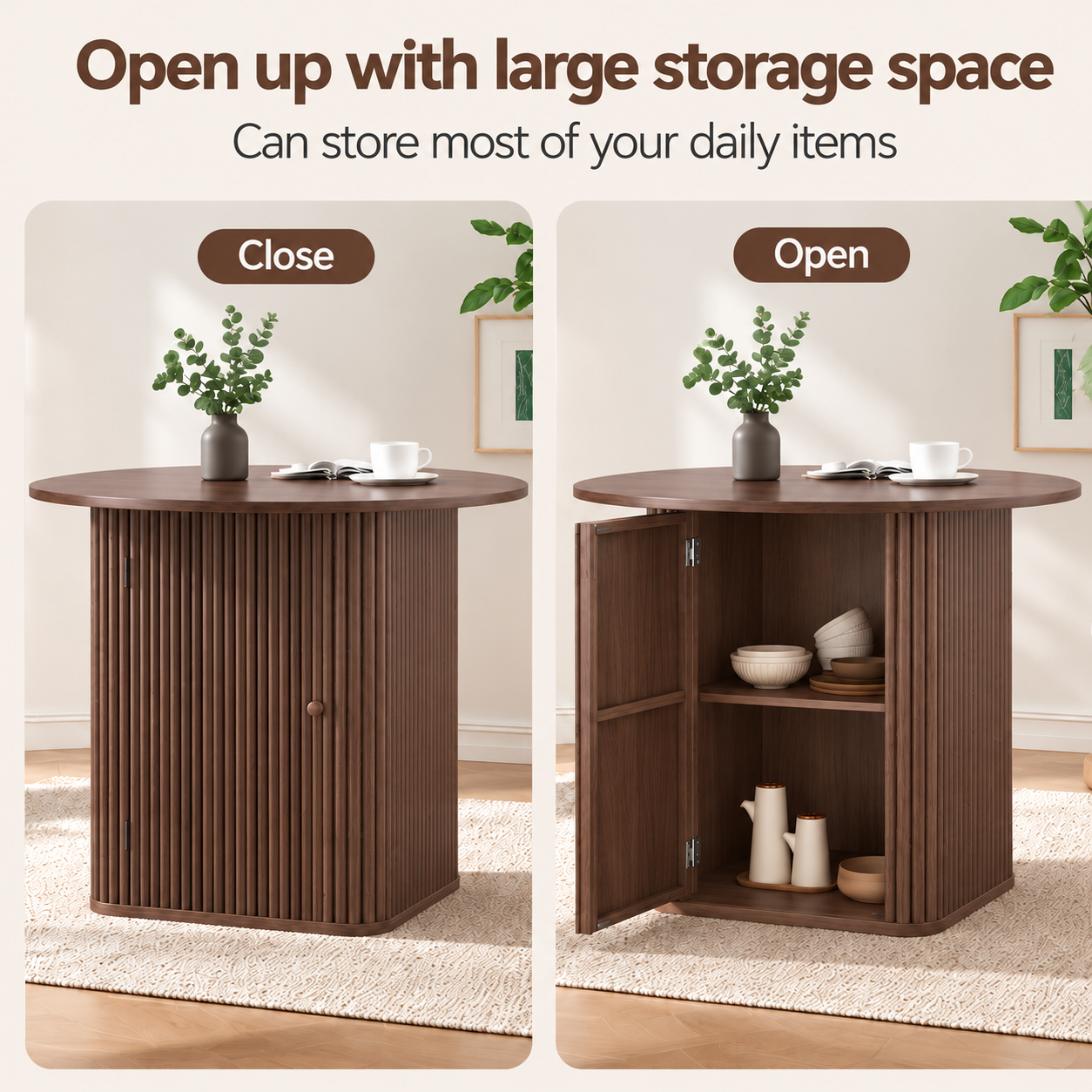 Artiss Modern Round Dining Table with Hidden Storage Base 100cm Dark Walnut