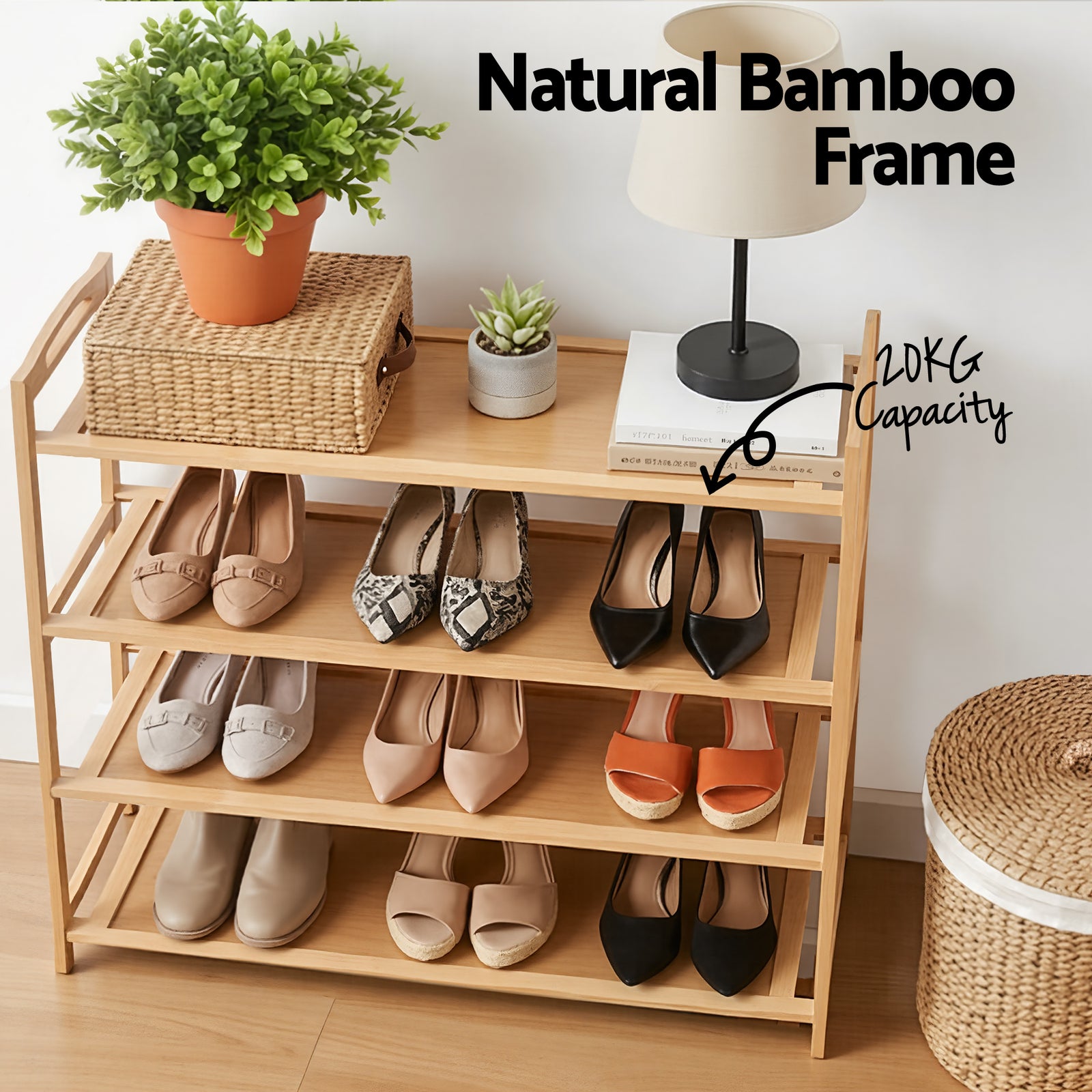 Artiss 4 Tier Shoe Rack Bamboo Storage Organiser Pine