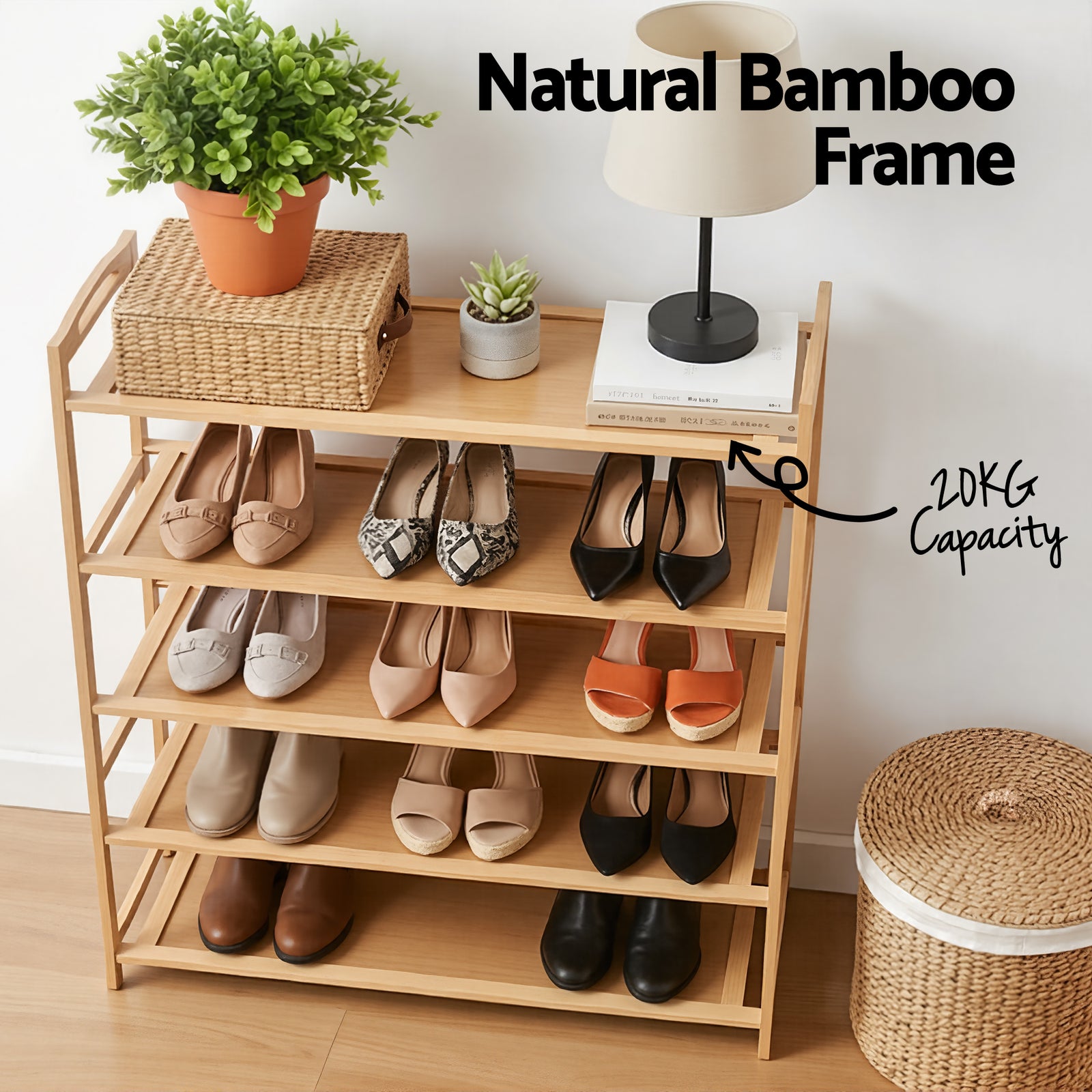 Artiss 5 Tier Shoe Rack Bamboo Storage Organiser Pine